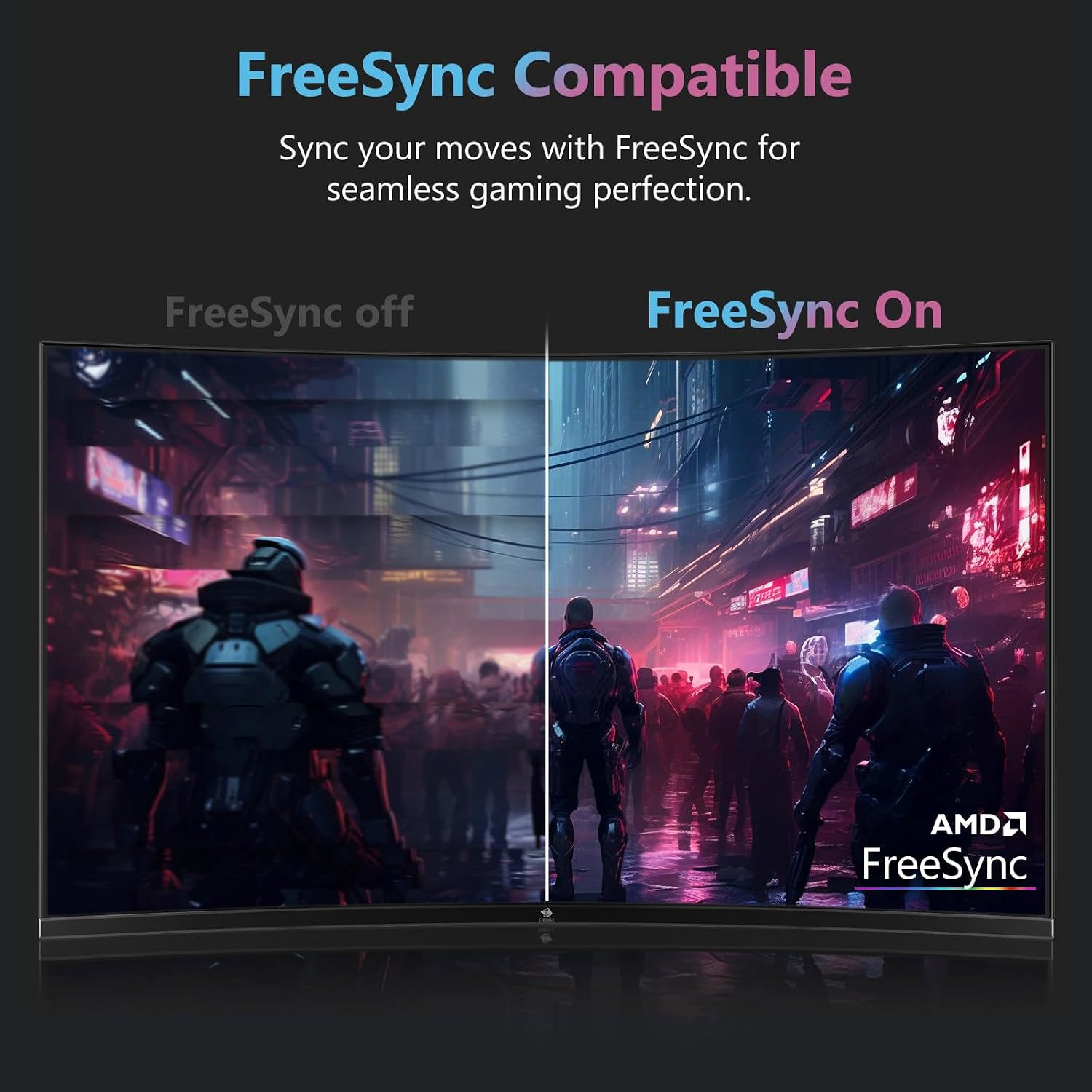 Comparación que muestra FreeSync desactivado con tirones y FreeSync activado fluido.