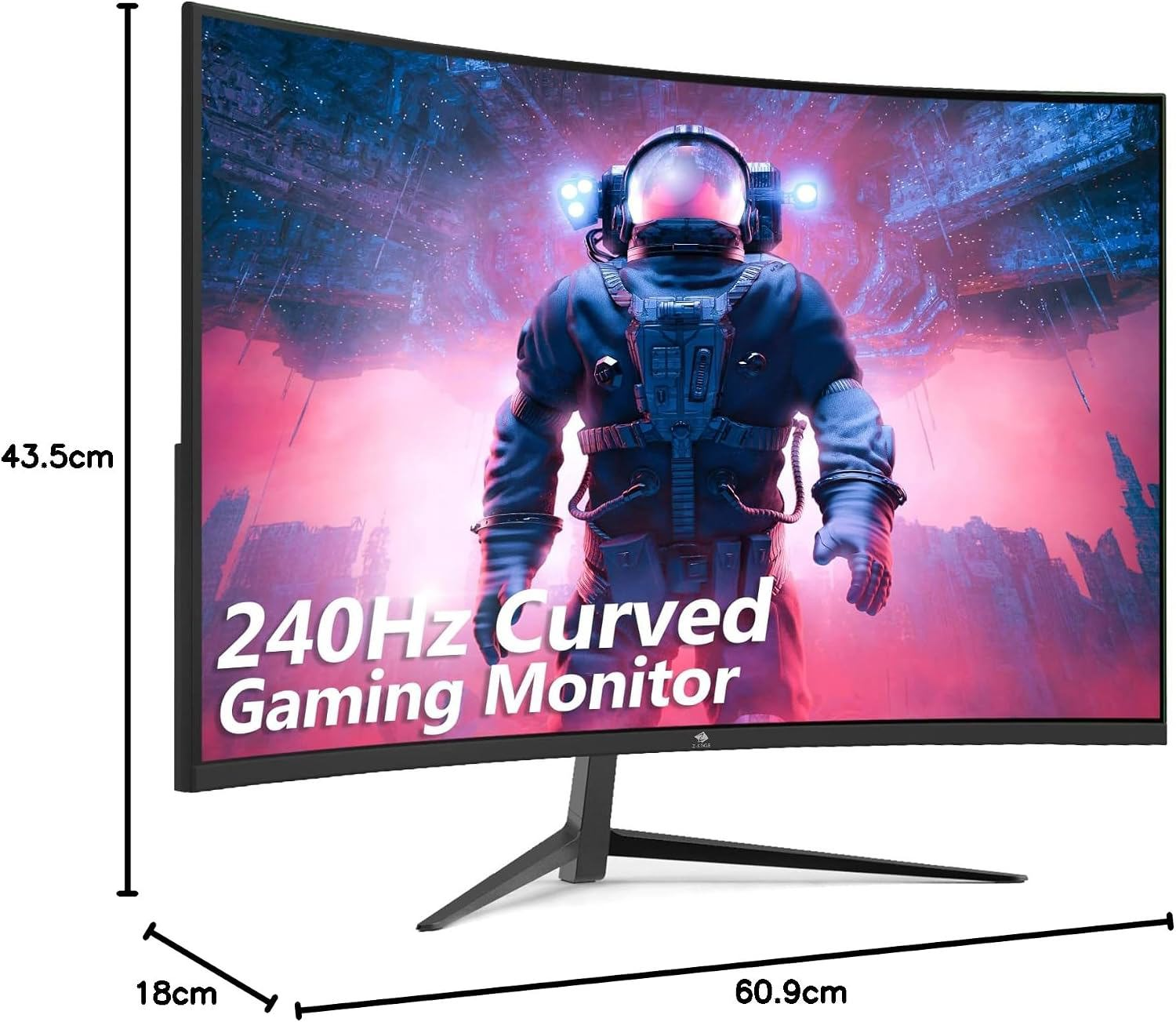 Un monitor curvo de 240Hz muestra un astronauta en el espacio, con una altura de 43,5 cm y un ancho de 60,9 cm.