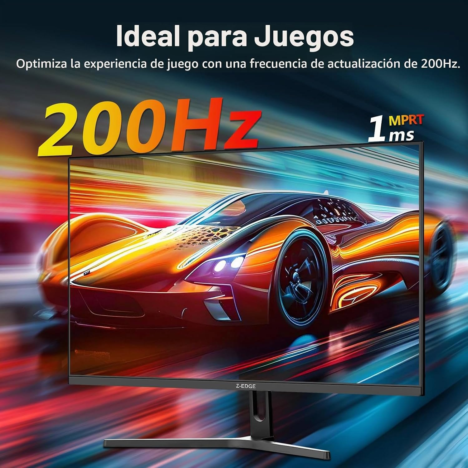 Monitor de juegos con 200Hz y 1ms MPRT muestra un auto de carreras naranja.