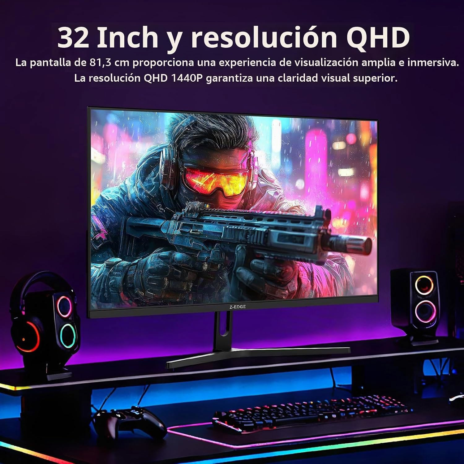 Un monitor de juego QHD de 32 pulgadas muestra una escena de acción colorida con altavoces, teclado y mando.