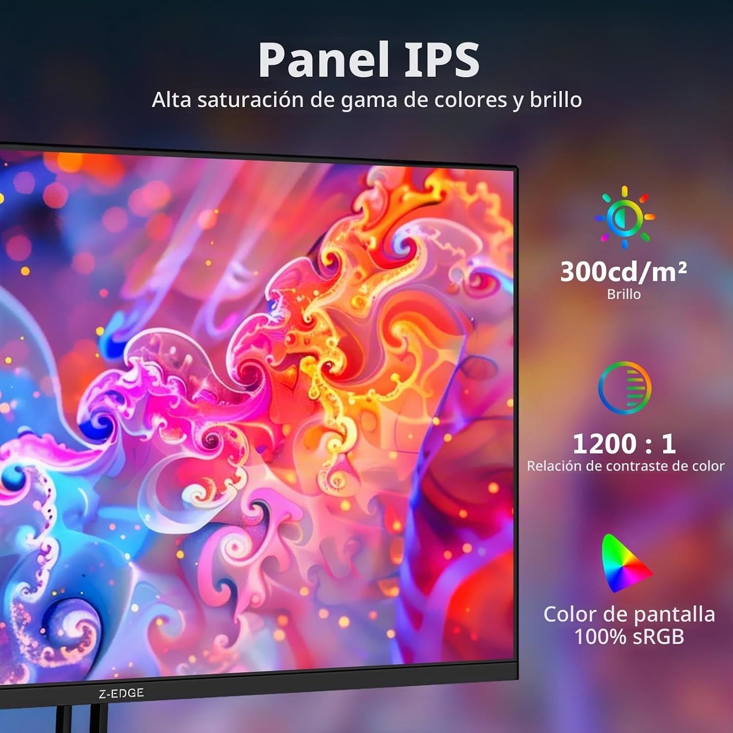 Monitor con panel IPS, colores vibrantes, brillo de 300 cd/m2, contraste 1200:1 y 100% sRGB.