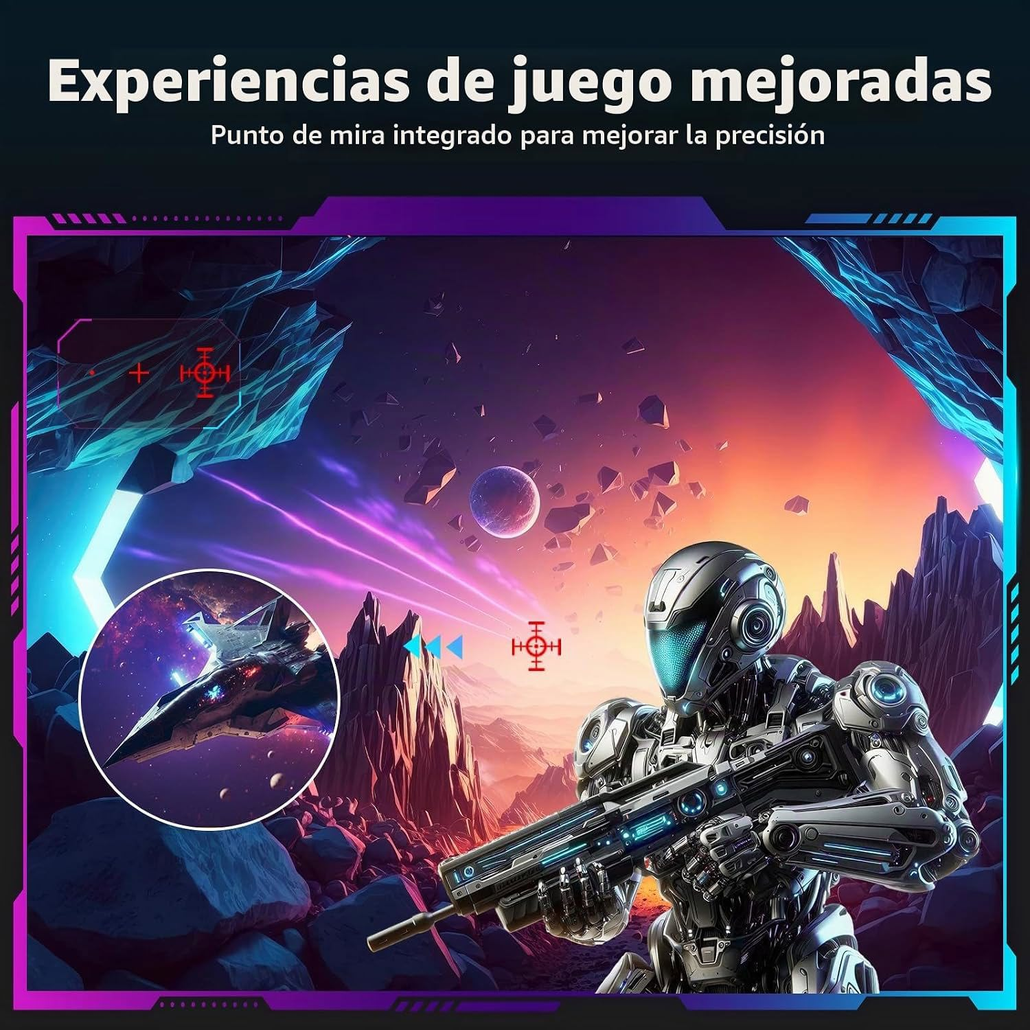 Un robot futurista en un paisaje alienígena montañoso sostiene un rifle frente a un cielo rosado y púrpura.