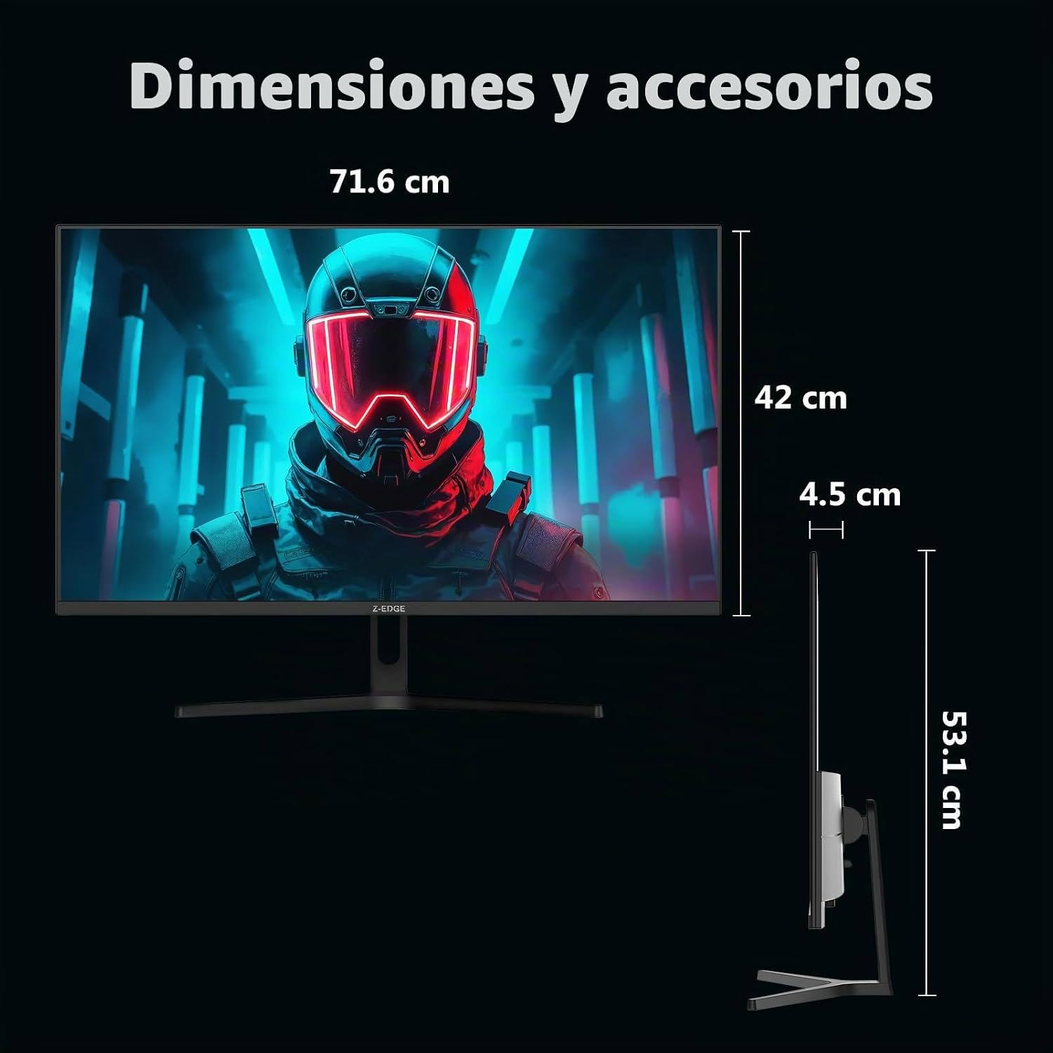 Diagrama que muestra las dimensiones de un monitor con fondo futurista.