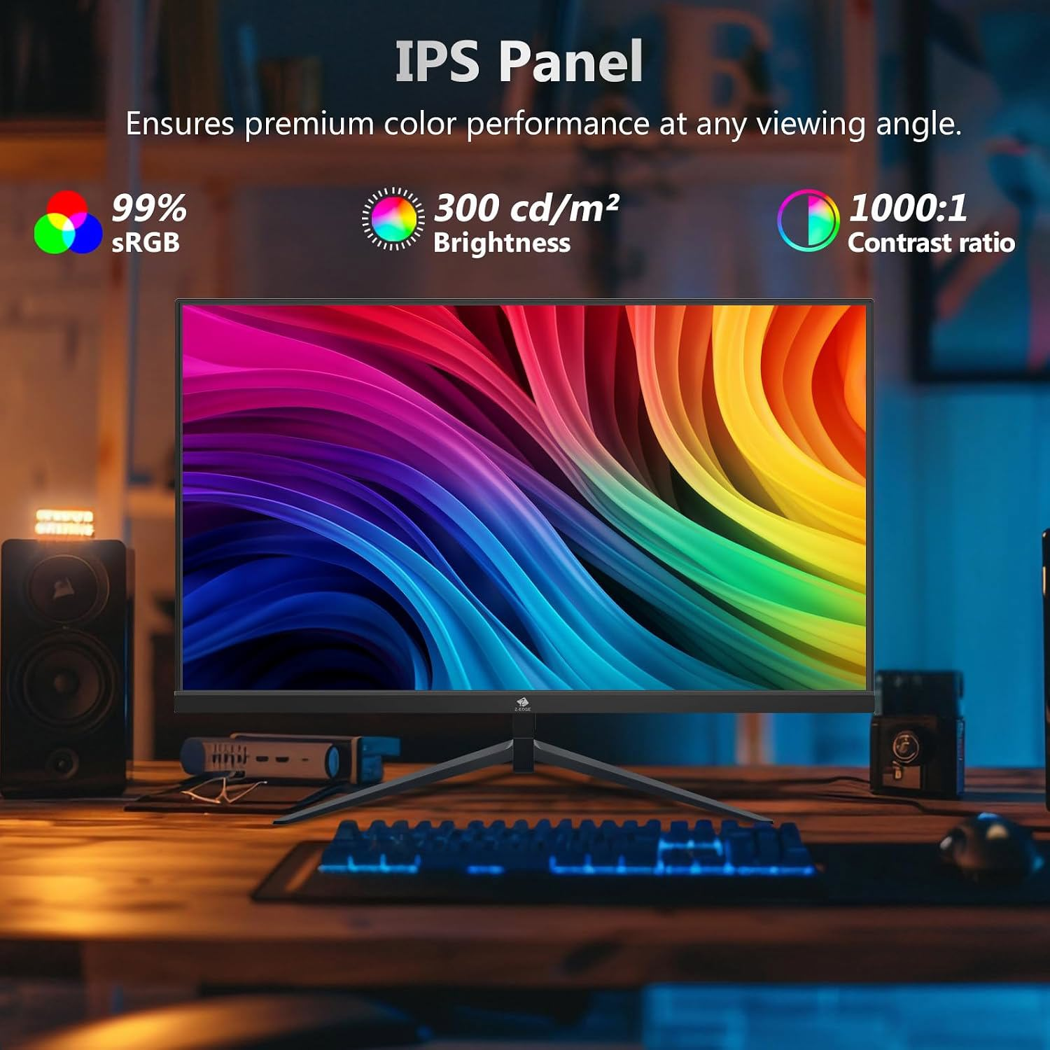 Monitor IPS con ondas abstractas coloridas y texto destacando 99% sRGB, 300 cd/m2 y contraste 1000:1.