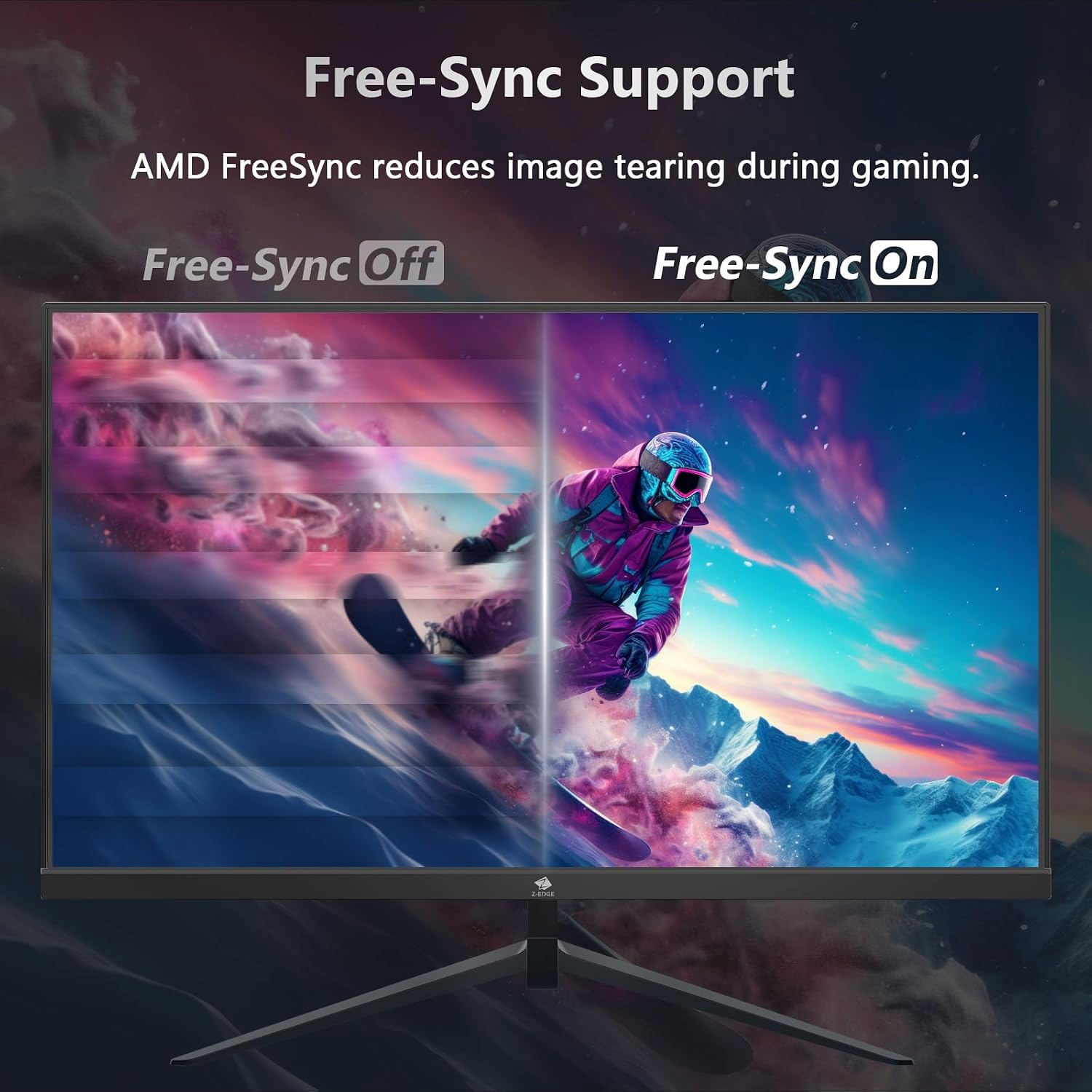 Un monitor muestra la diferencia entre AMD FreeSync desactivado y activado con una escena de snowboard.