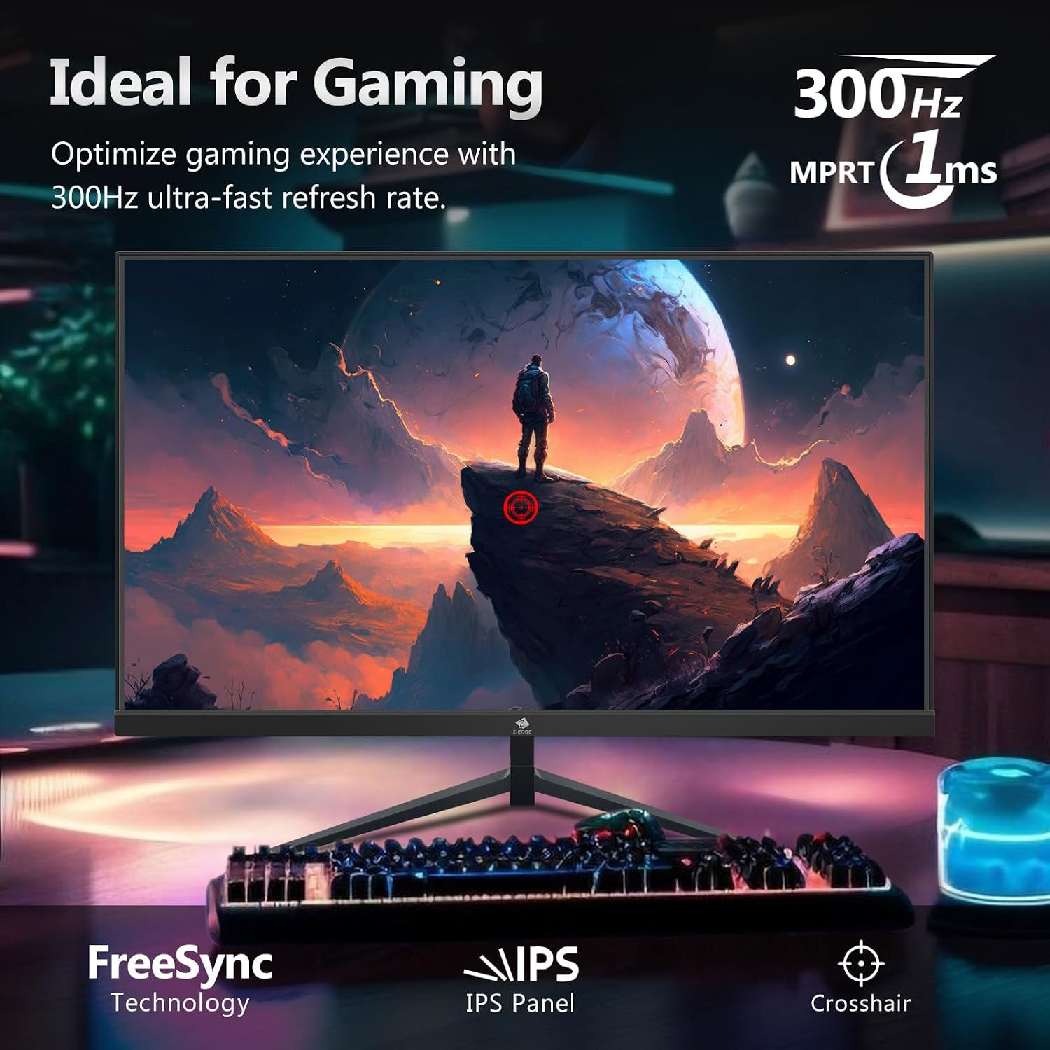 Monitor gaming de 300Hz con panel IPS que muestra una persona en una montaña ante un planeta.
