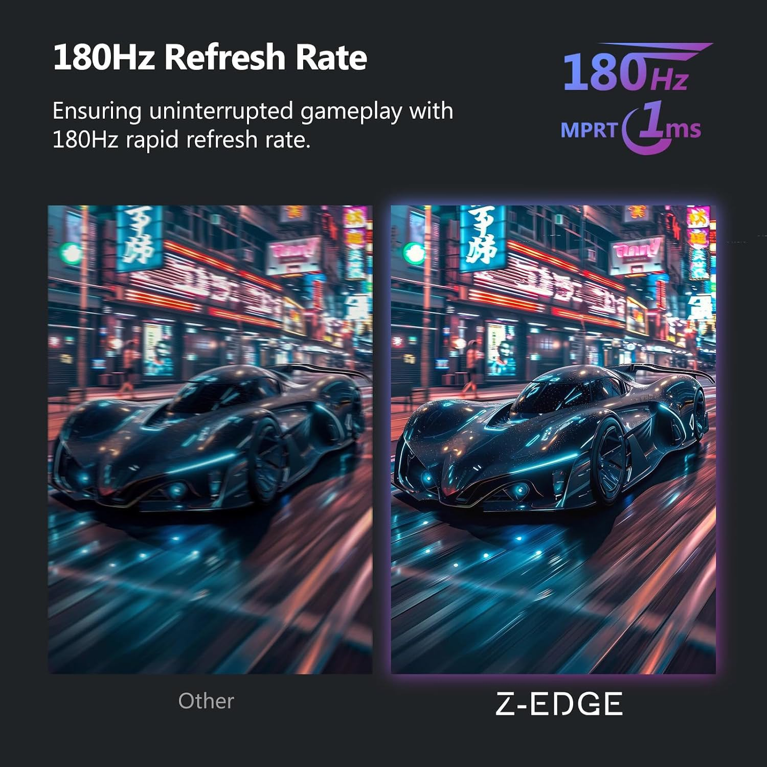 Comparación de dos imágenes de un coche futurista en una ciudad de noche demostrando una frecuencia de actualización de 180Hz.