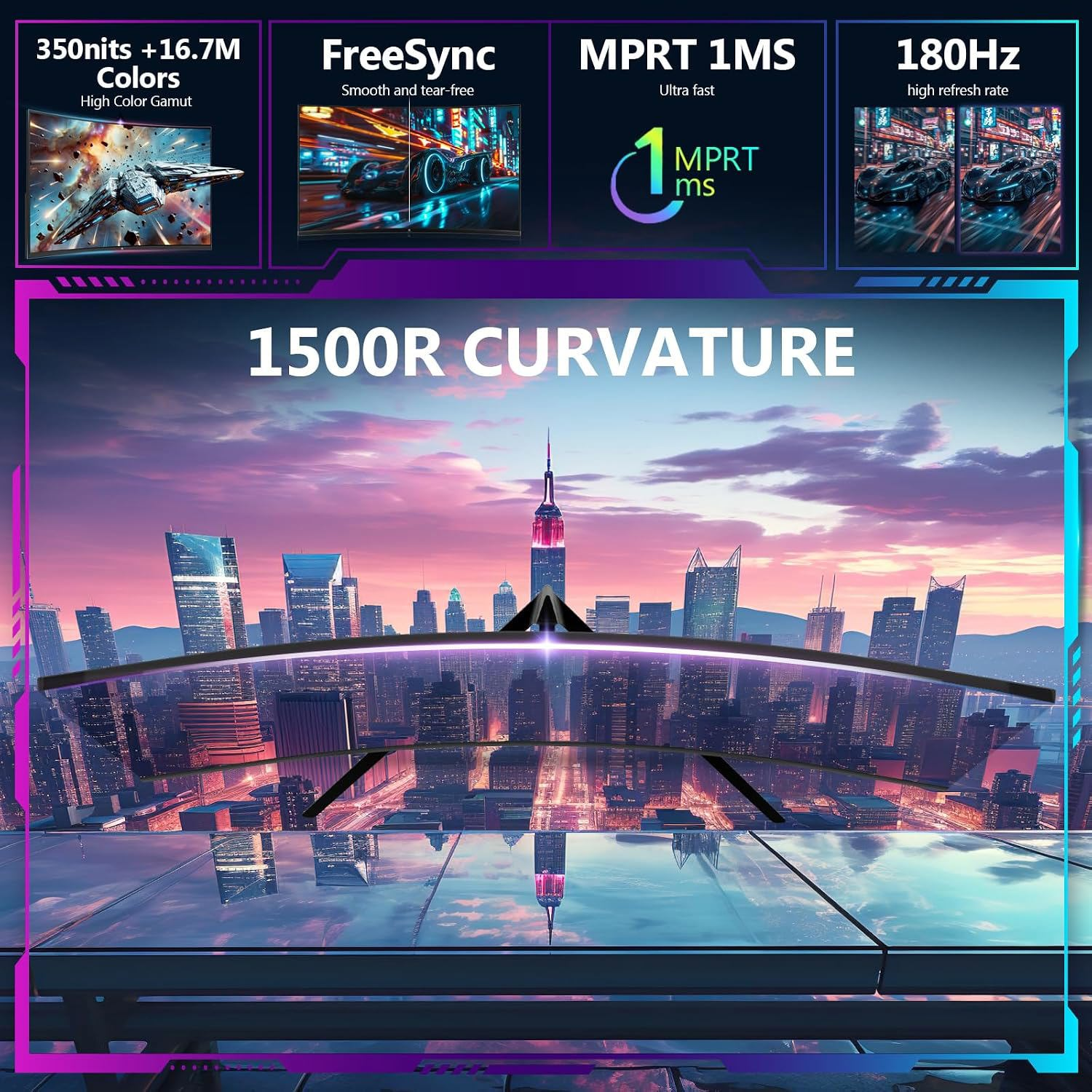 Promoción de monitor gaming con curvatura 1500R, fondo de ciudad, 180Hz, FreeSync y 1ms de respuesta.