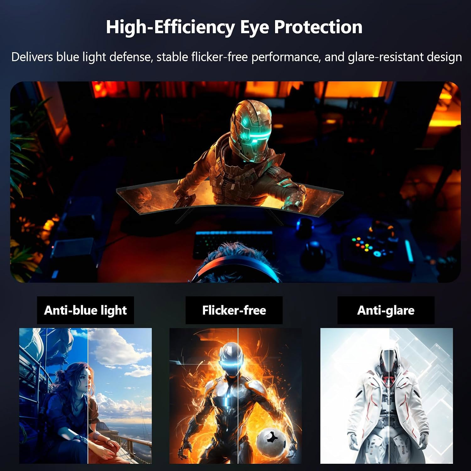 Anuncio de monitor con protección ocular, luz azul reducida, sin parpadeo y antirreflejo.