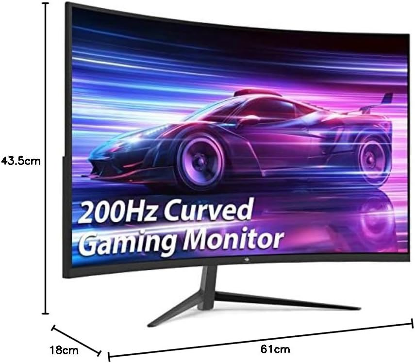 Un monitor gaming curvo de 200Hz con dimensiones: alto 43,5cm, ancho 61cm, fondo 18cm.