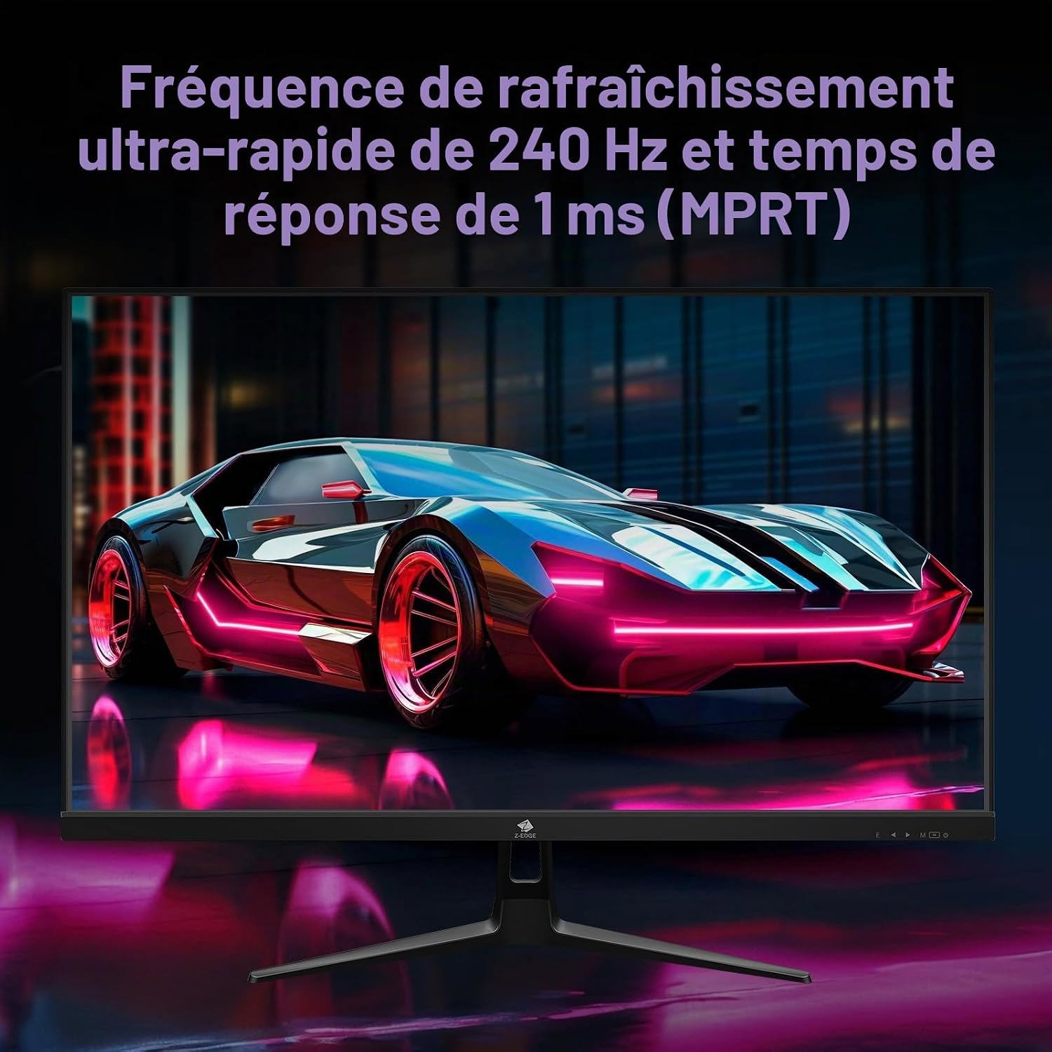 Un monitor negro muestra un coche de carreras con luces de neón rosas. Texto arriba describe la frecuencia.