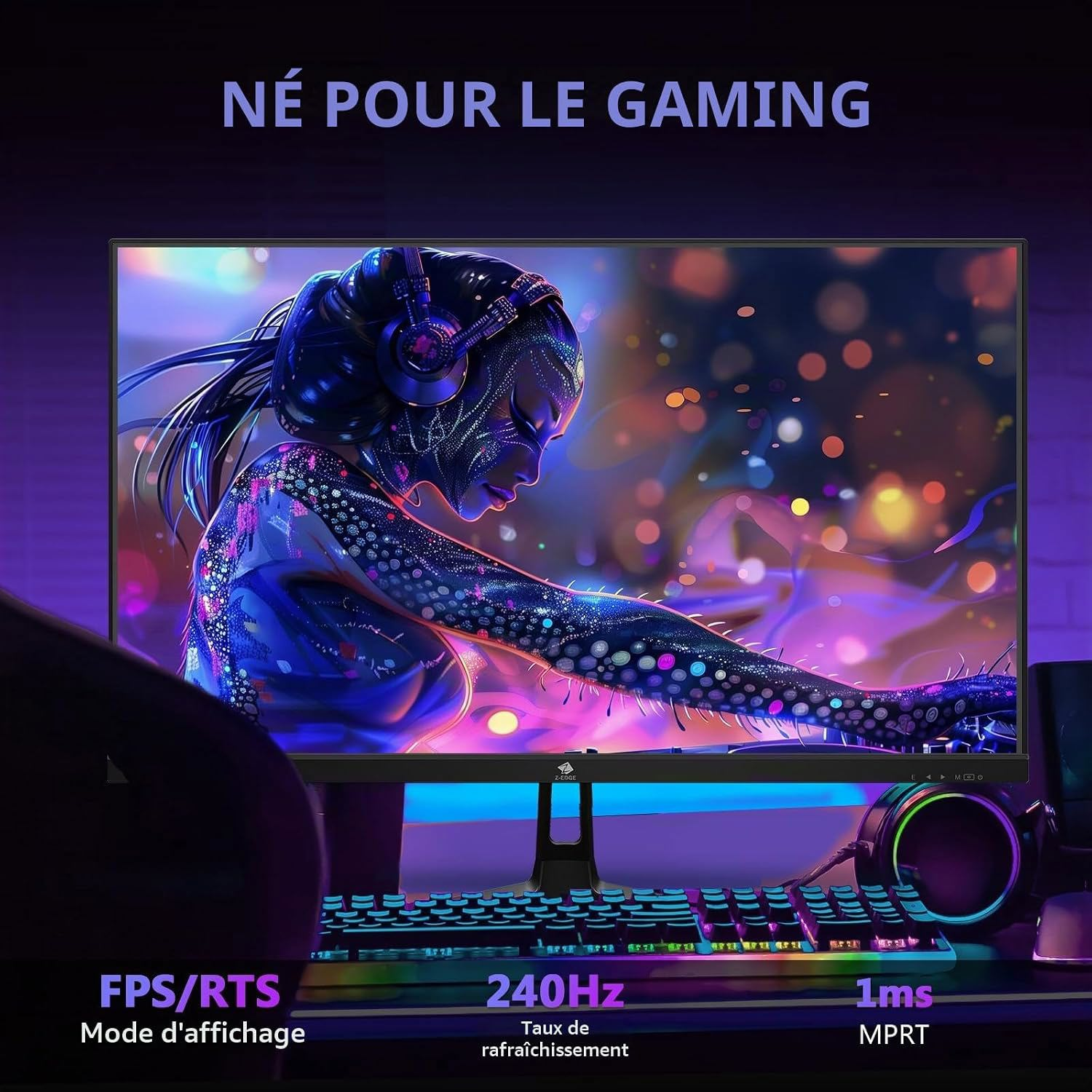 Monitor de juegos con personaje futurista y teclado iluminado debajo.