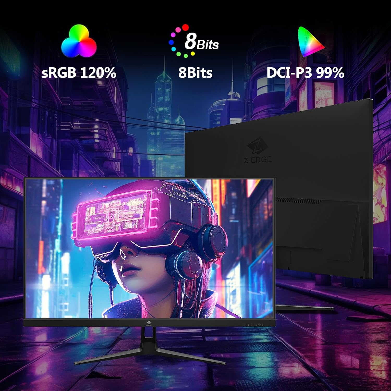 Dos monitores negros contra una ciudad futurista púrpura, con especificaciones como sRGB y DCI-P3.