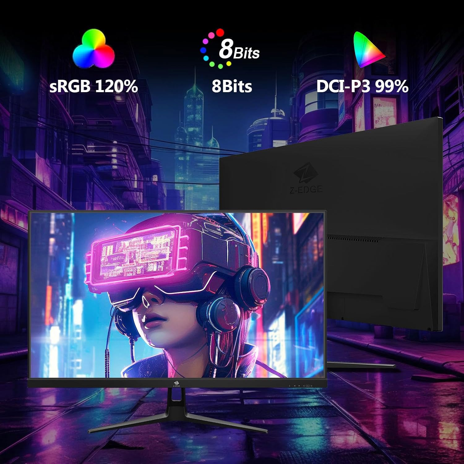 Dos monitores con fondo de ciudad de neón, mostrando sRGB 120%, 8Bits y DCI-P3 99%.