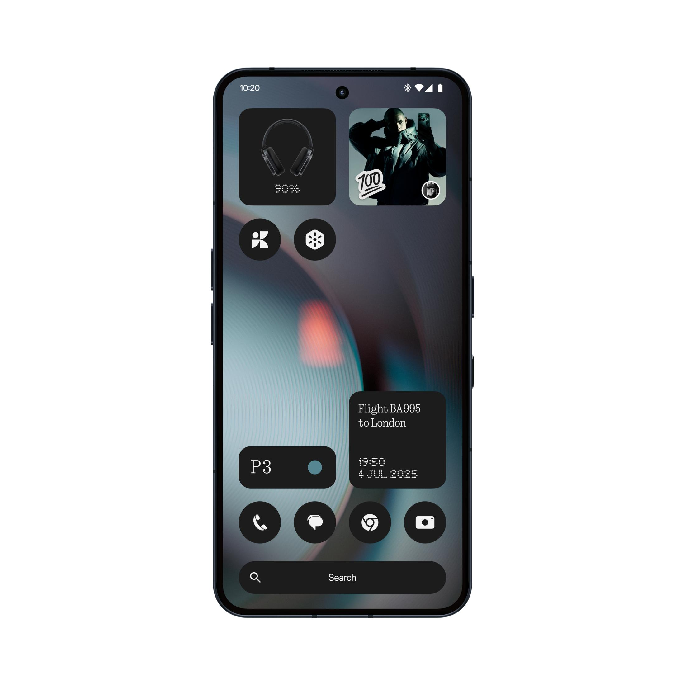 Ein Smartphone mit dunklem Design, Widgets für Kopfhörer, Flugdetails und Schnellzugriffen.
