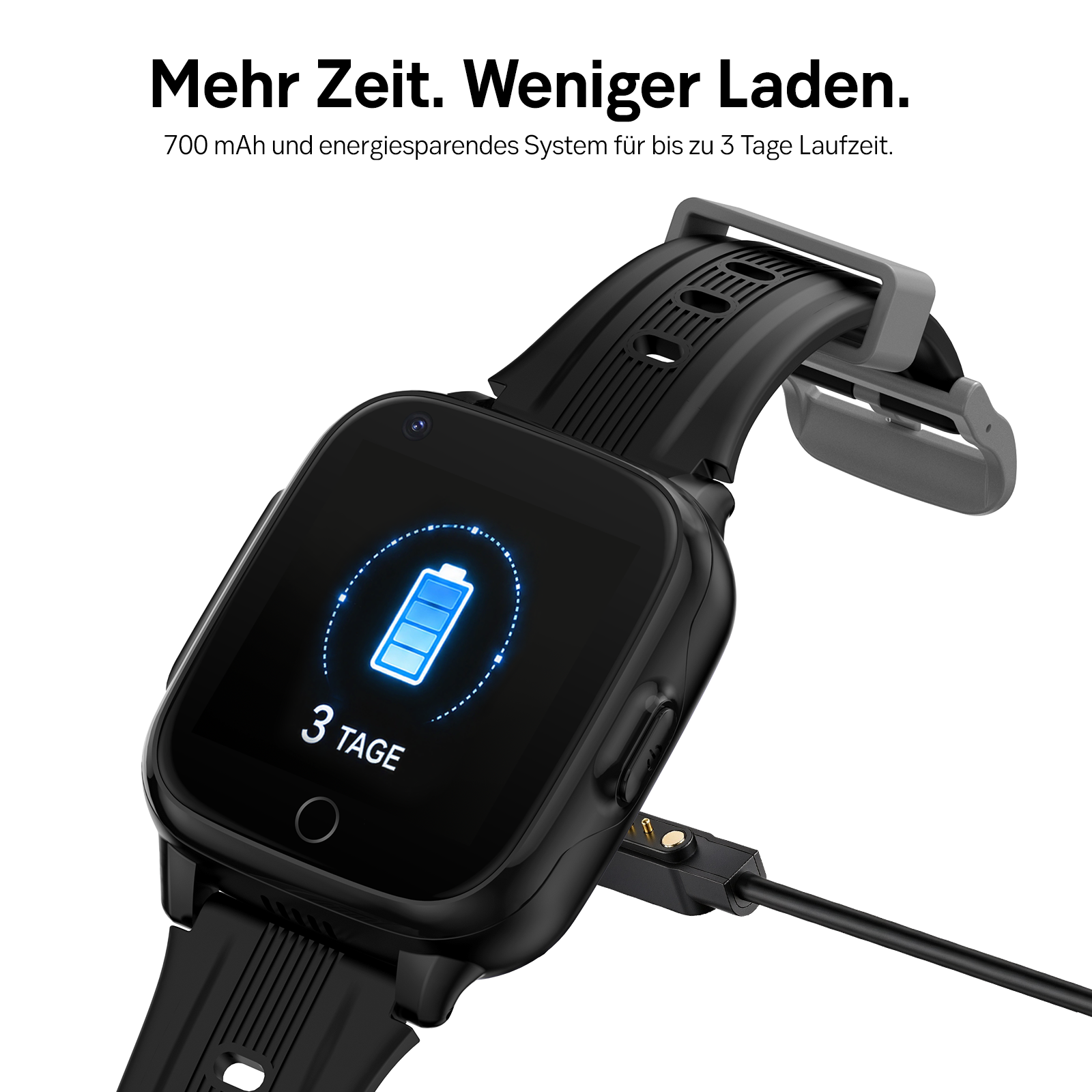 Schwarze Smartwatch mit Ladekabel und Akkusymbol auf dem Display.