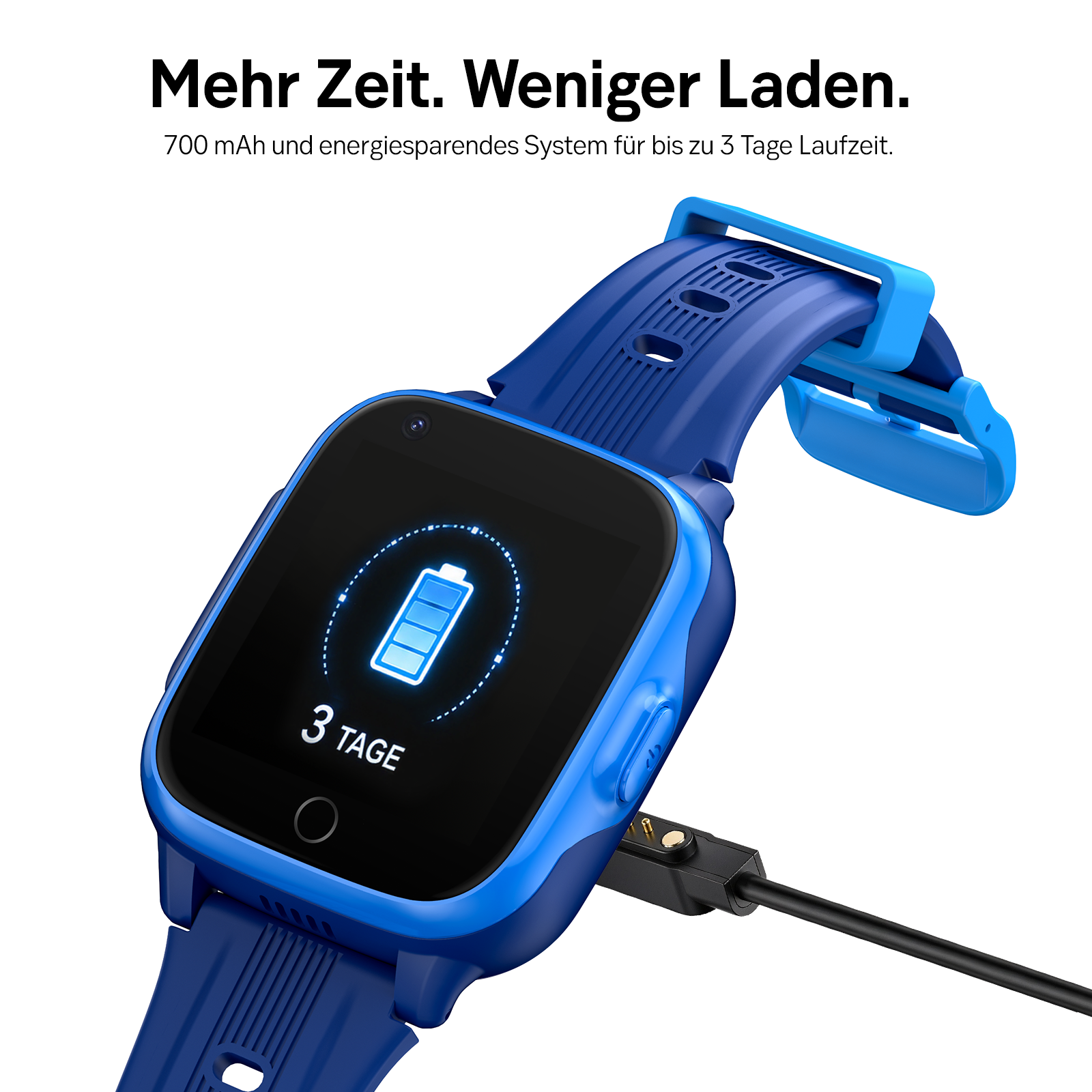 Blaue Kinderspaß-Smartwatch mit Ladekabel und Akku-Symbol auf dem Display, Text oben.