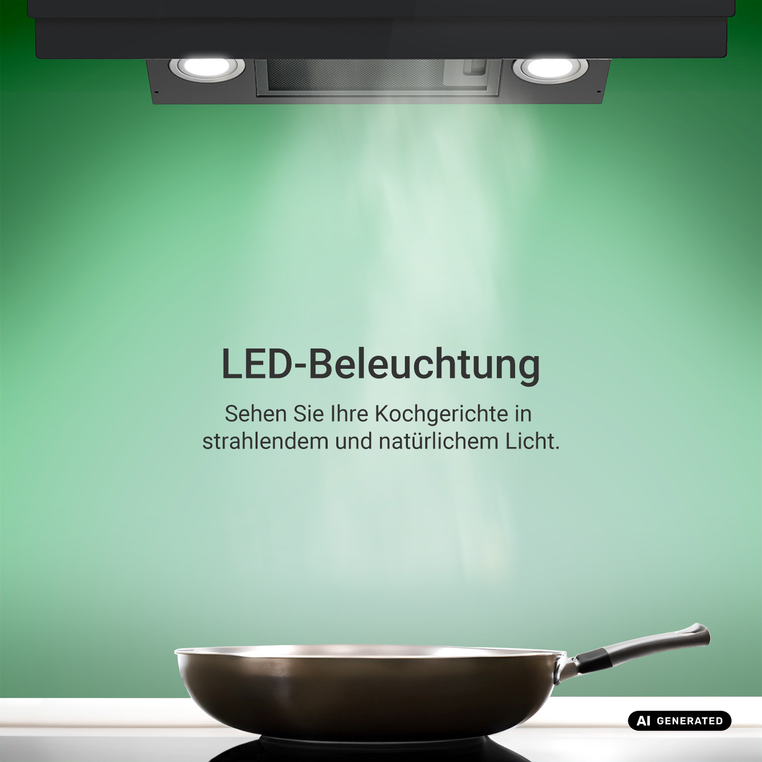 Una cappa da cucina con luci LED sopra una padella su una stufa contro una parete verde.