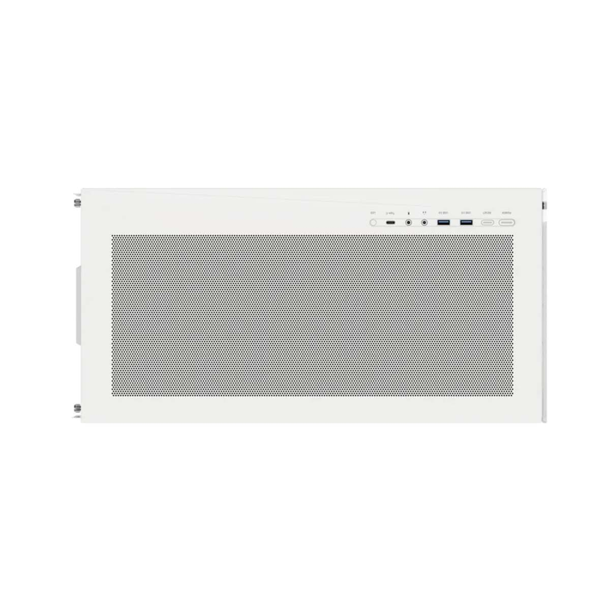 White computer case side panel with a central mesh grill and top I/O ports.