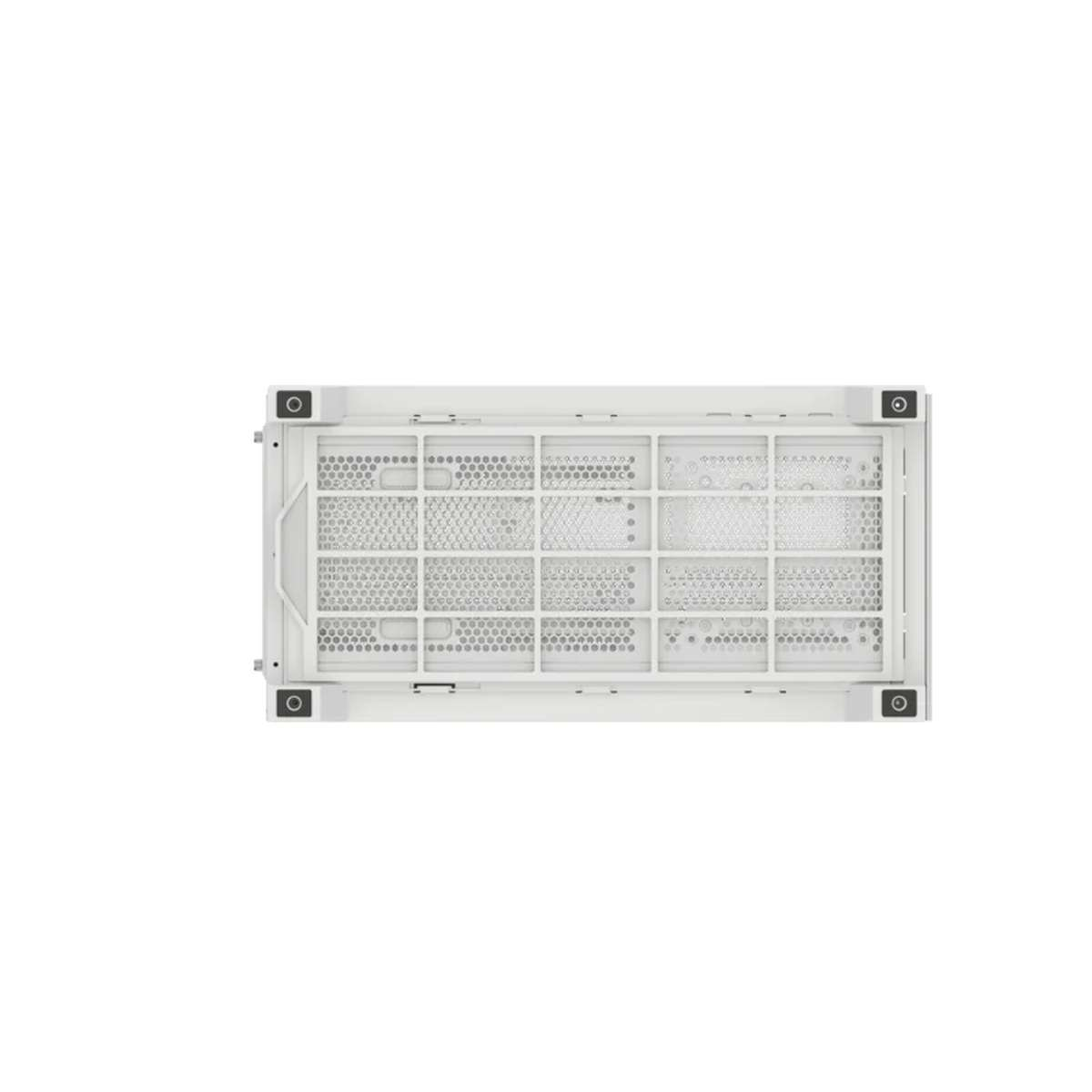 Bottom view of a white electronic device with a mesh grille and four feet.