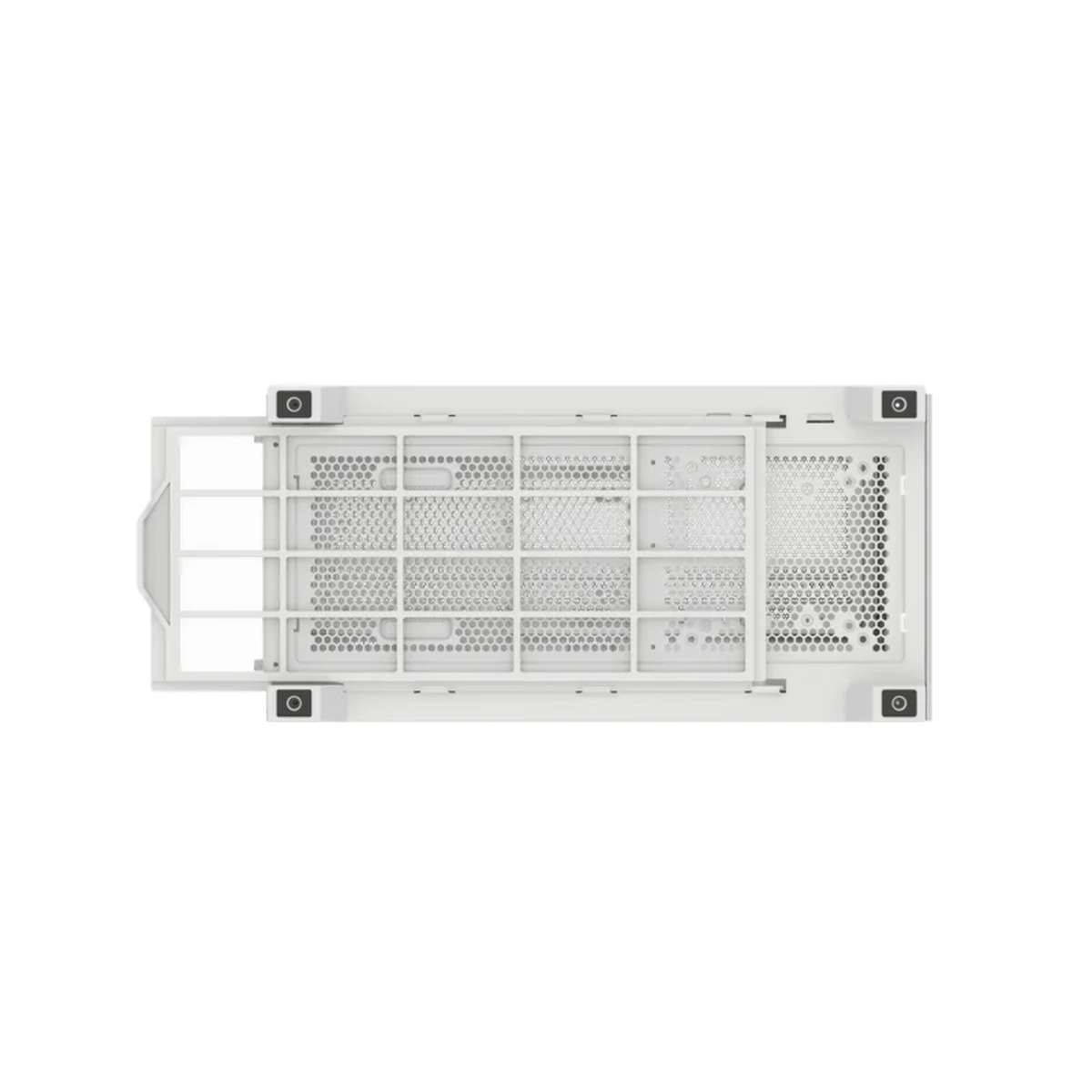 The white PC case bottom features a removable magnetic dust filter grille and four rubberized feet.