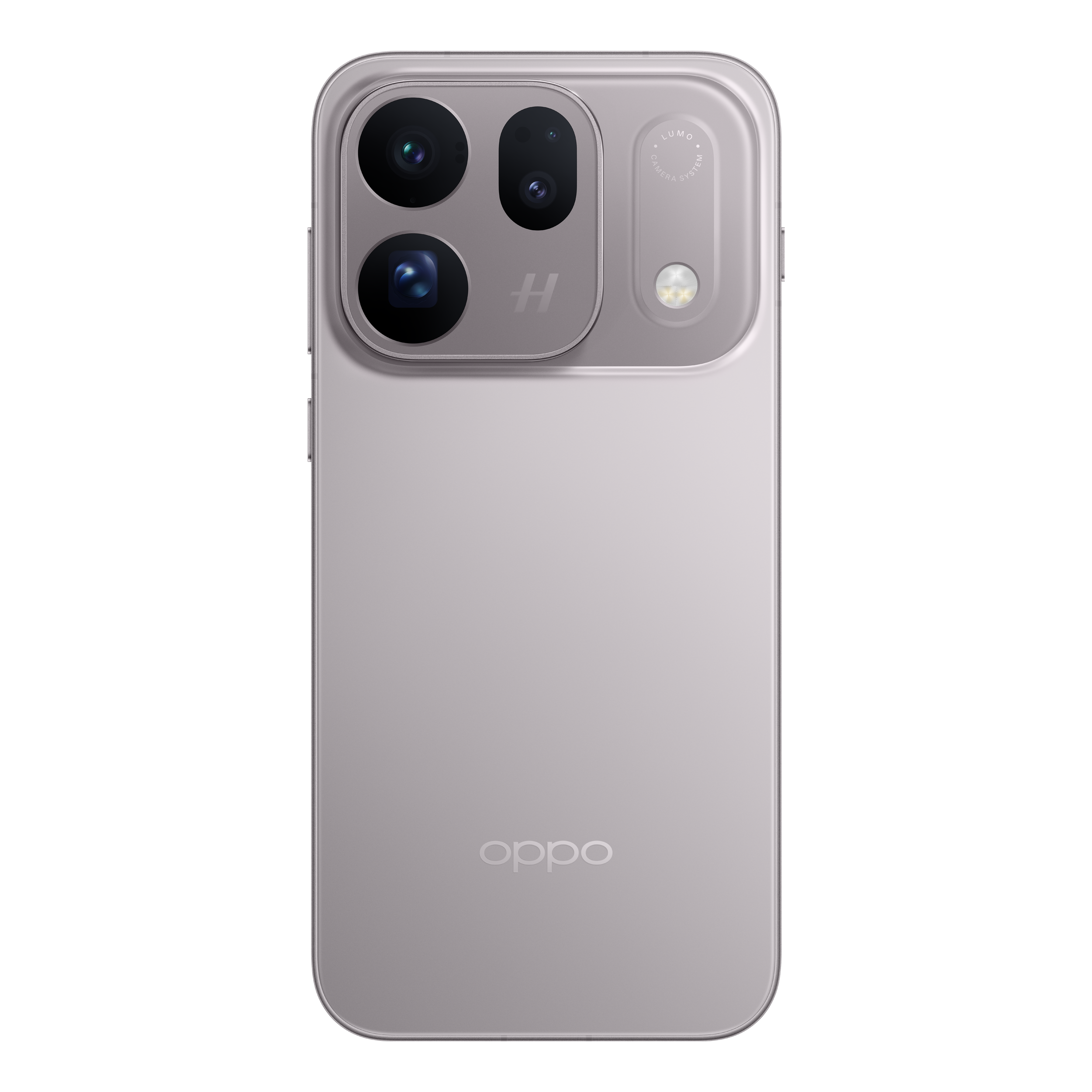 Back of a silver Oppo smartphone with a triple camera module and brand logo against a black background.