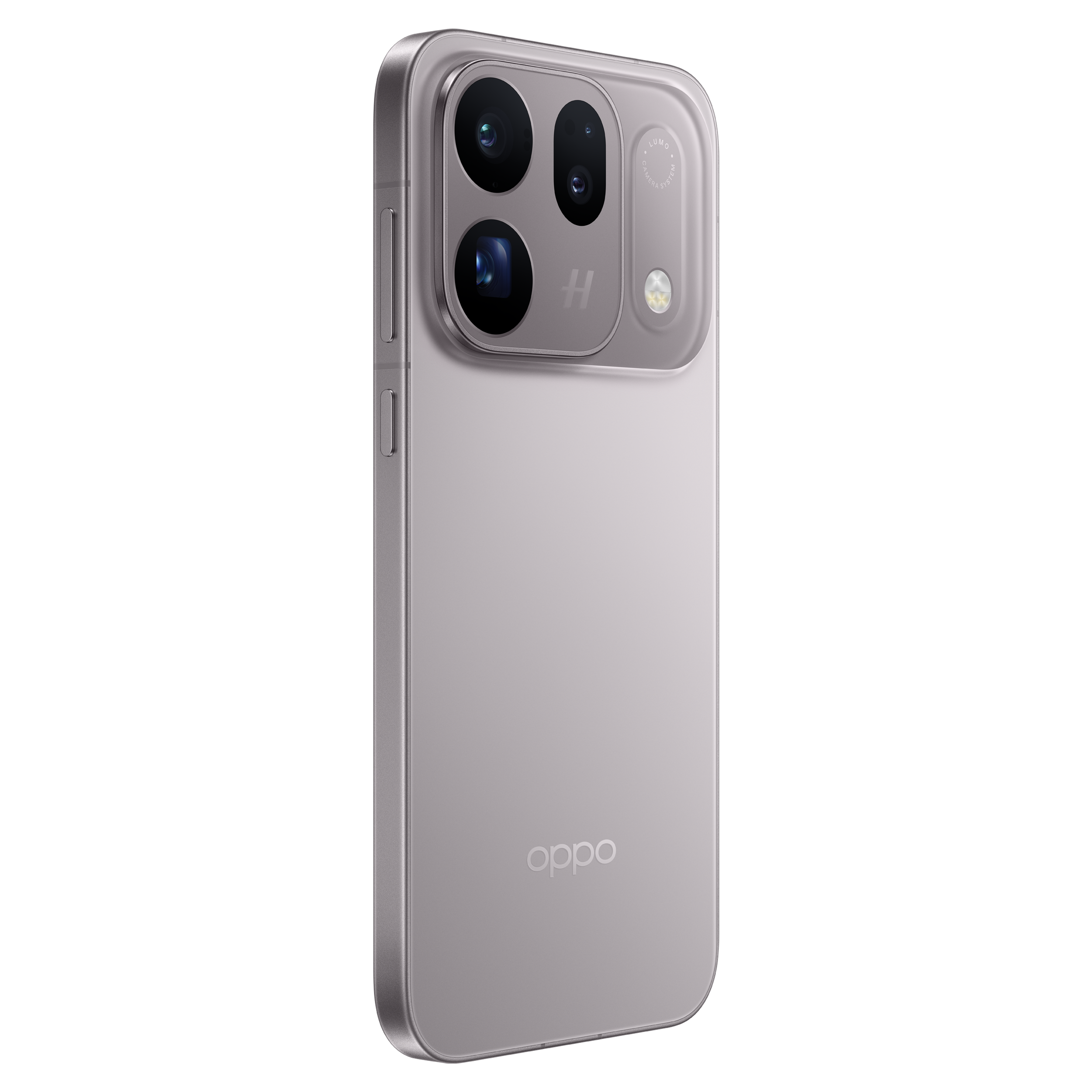 Rear view of a light purple Oppo smartphone with a triple camera module and Hasselblad logo.