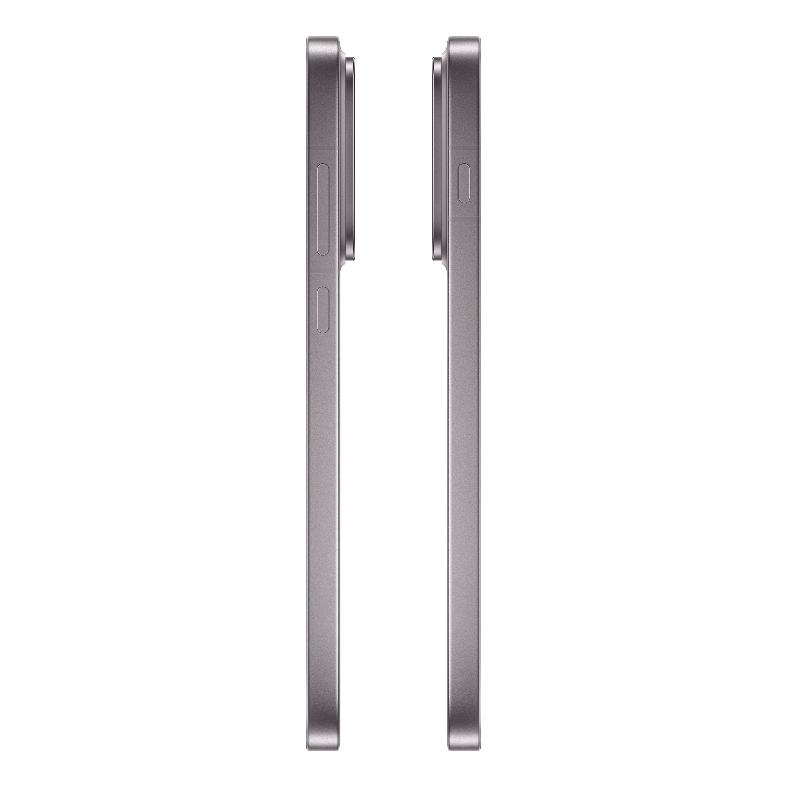 Side view of two gray smartphone bodies with volume and power buttons against a black background.
