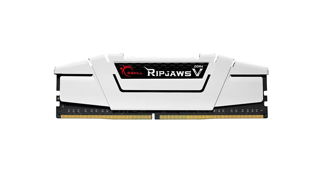 Biała kość pamięci RAM DDR4 G.Skill Ripjaws V z czarną płytką.