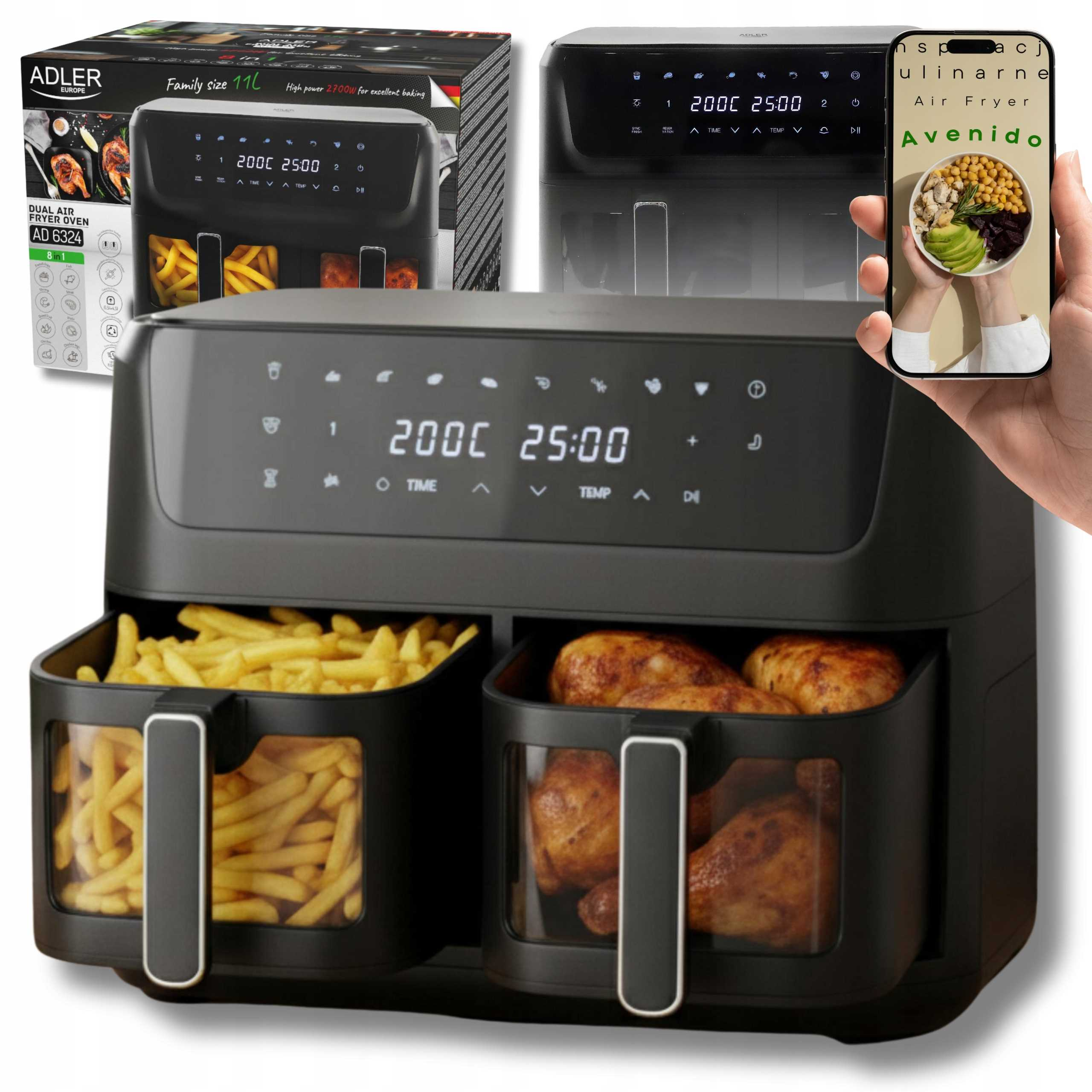 Czarna frytkownica beztłuszczowa z dwoma koszami, frytkami i kurczakiem, z pudełkiem produktu i smartfonem w tle.