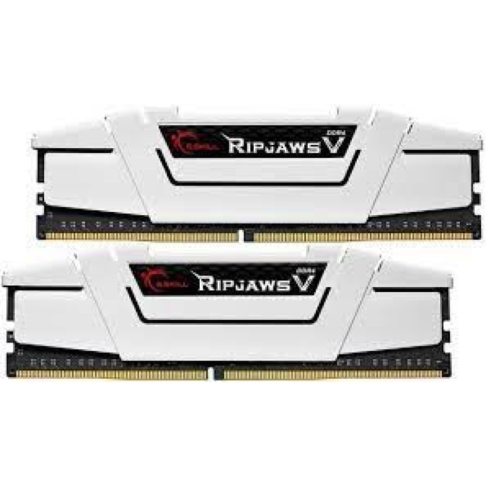Dwa białe moduły RAM DDR4 G.Skill Ripjaws V z czarnymi radiatorami i złotymi stykami na białym tle.