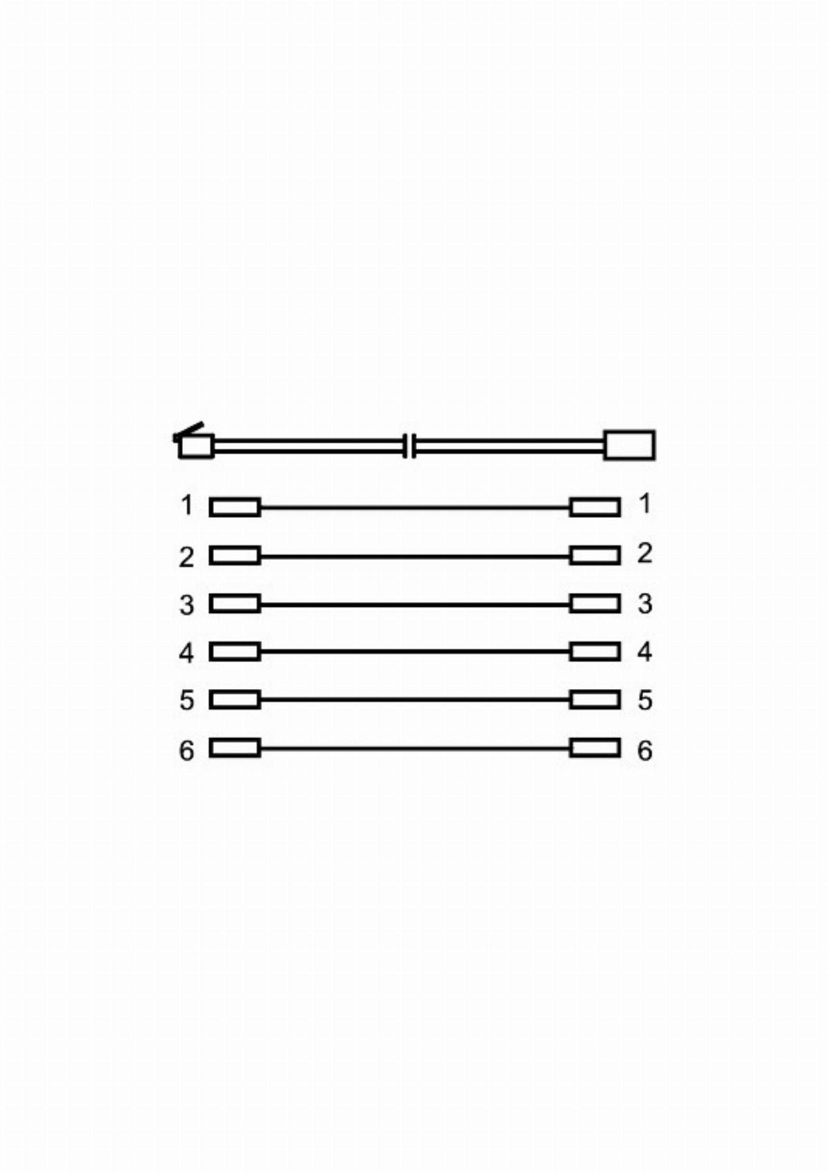 Diagrama técnico que muestra un cable arriba y seis cables numerados abajo con conectores.
