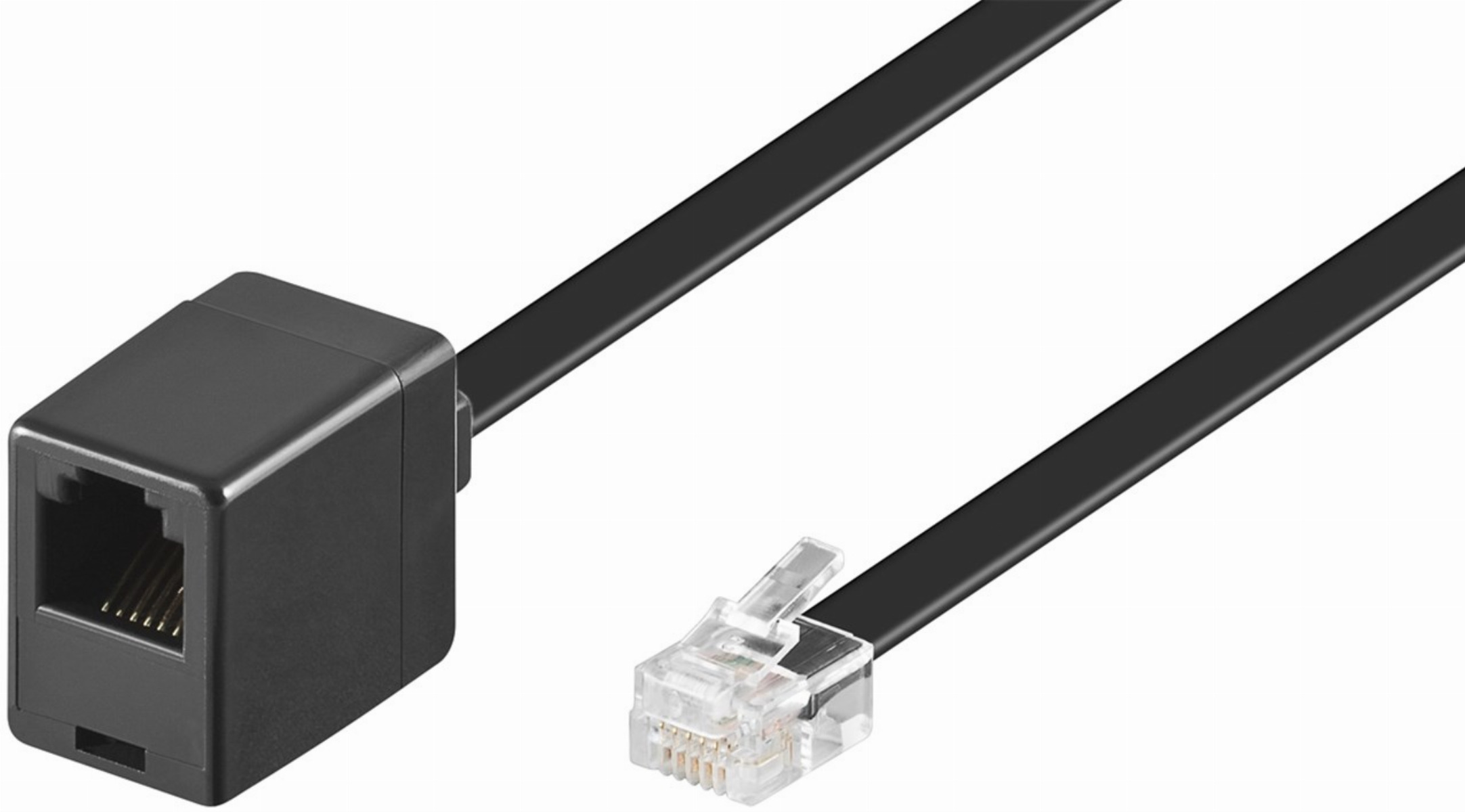 Un cable plano negro con un conector RJ11 y un enchufe RJ11.