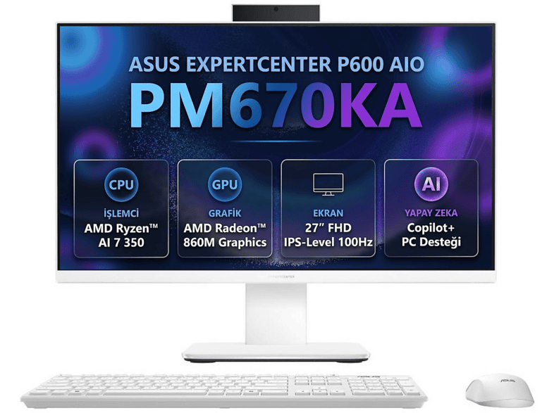 ASUS ExpertCenter P600 PM670KA-AI7321TBW0D 011 AMD Ryzen AI 7 350 16 GB 1 TB 27 inç Windows 11 Pro All In One Bilgisayar Beyaz
