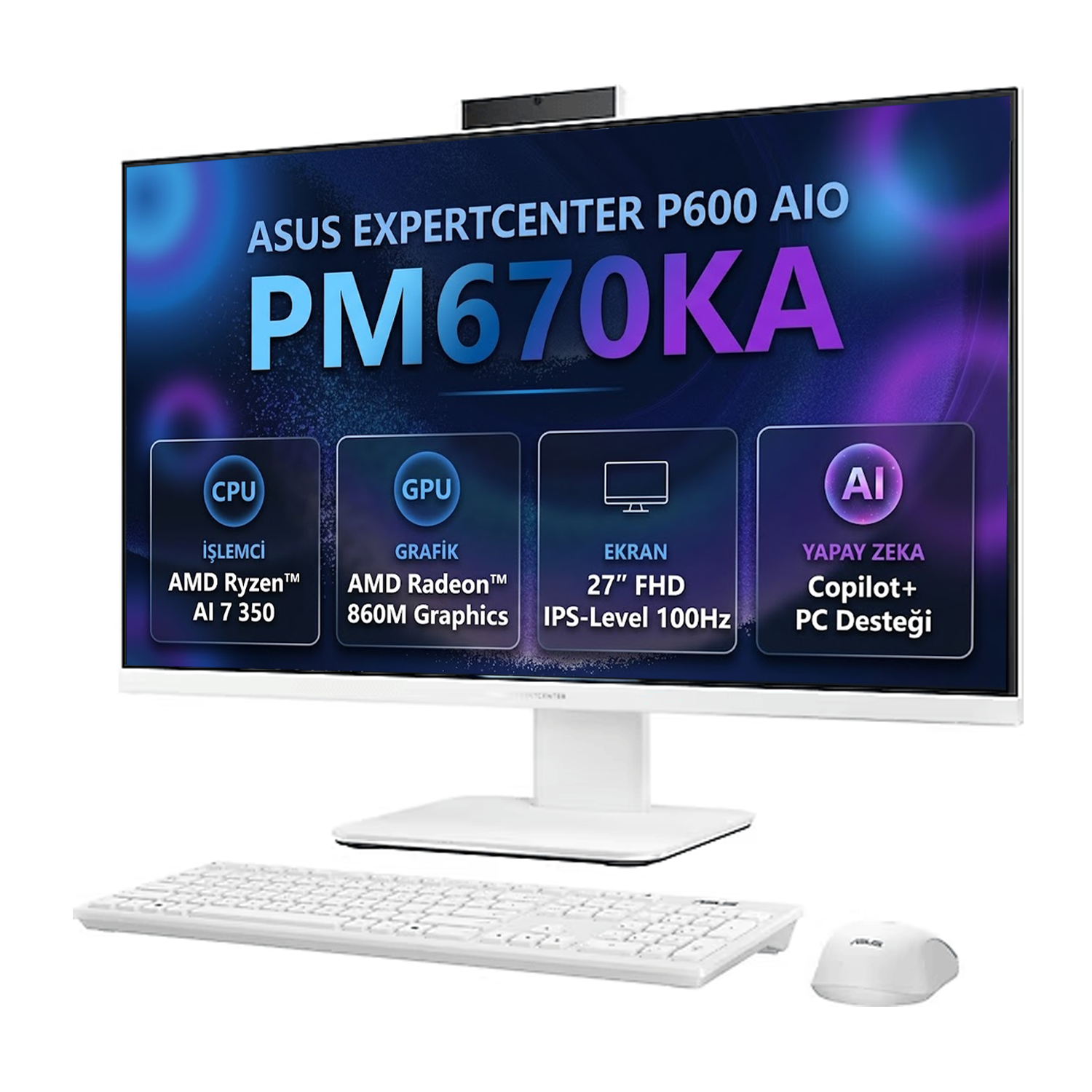 Beyaz klavye ve fareye sahip beyaz Asus ExpertCenter P600 AIO PC.
