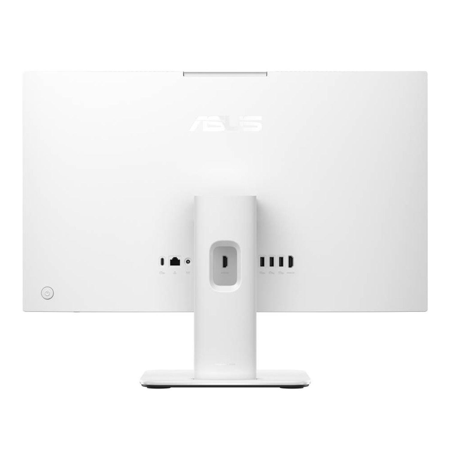 Bir ASUS monitörün beyaz arka yüzünde stand ve çeşitli bağlantı portları görülüyor.