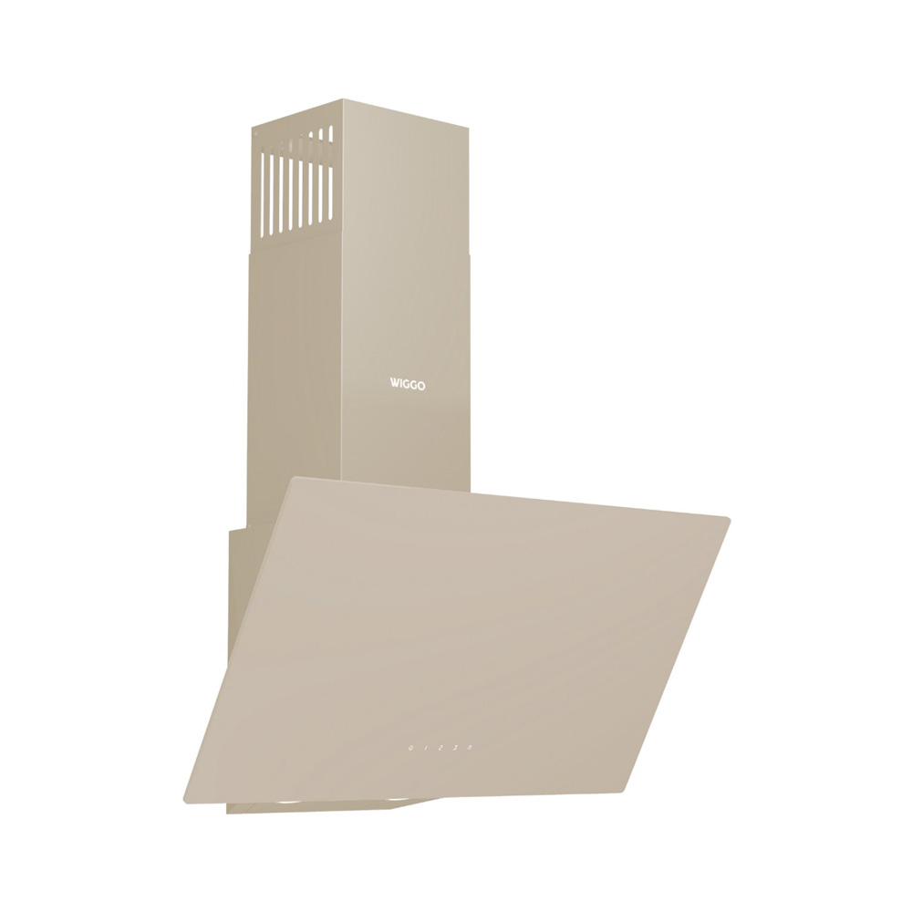A beige Wiggo kitchen hood with a modern design against a white background.