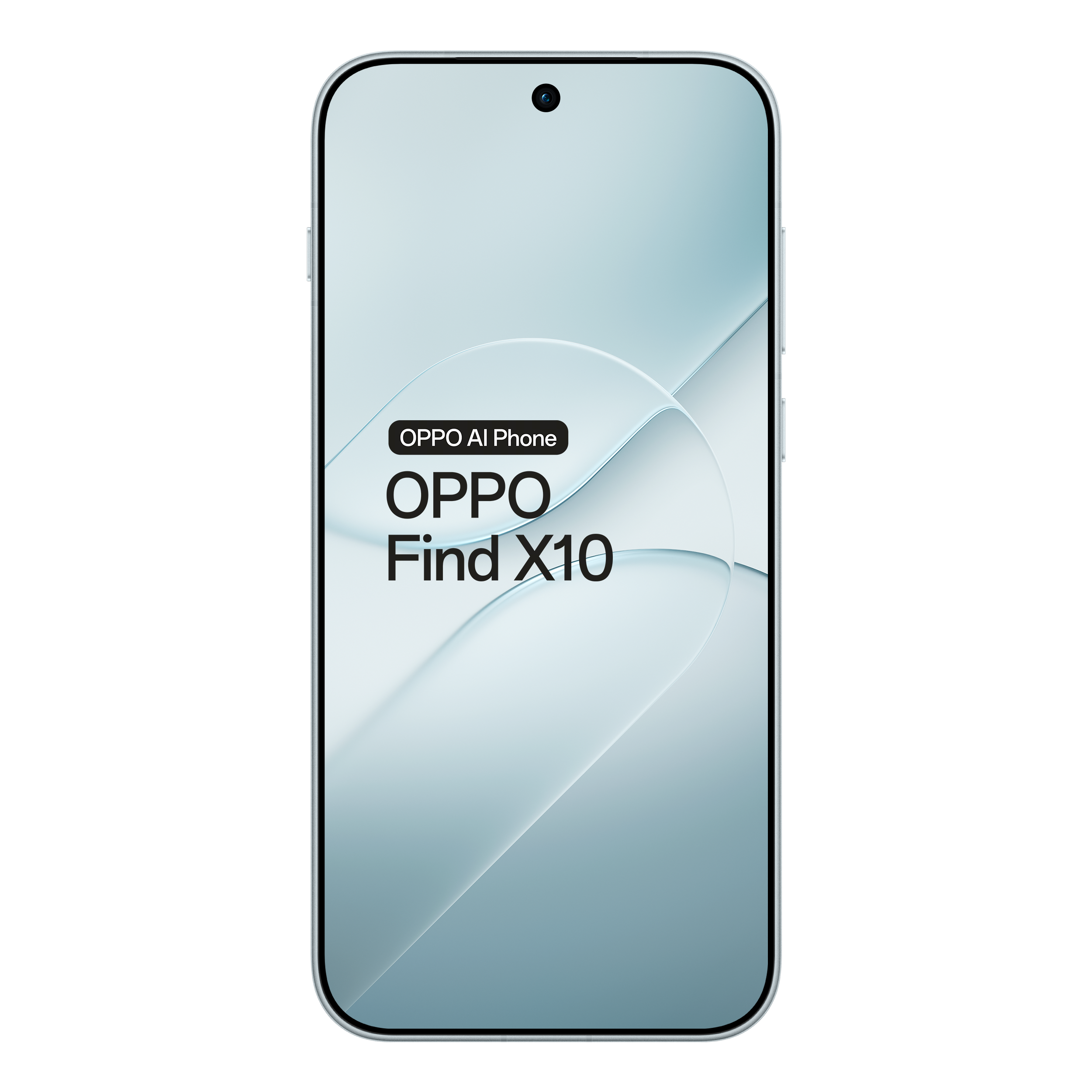 Oppo Find X10 smartphone displays the text Oppo AI Phone and Oppo Find X10 on a light blue abstract background.