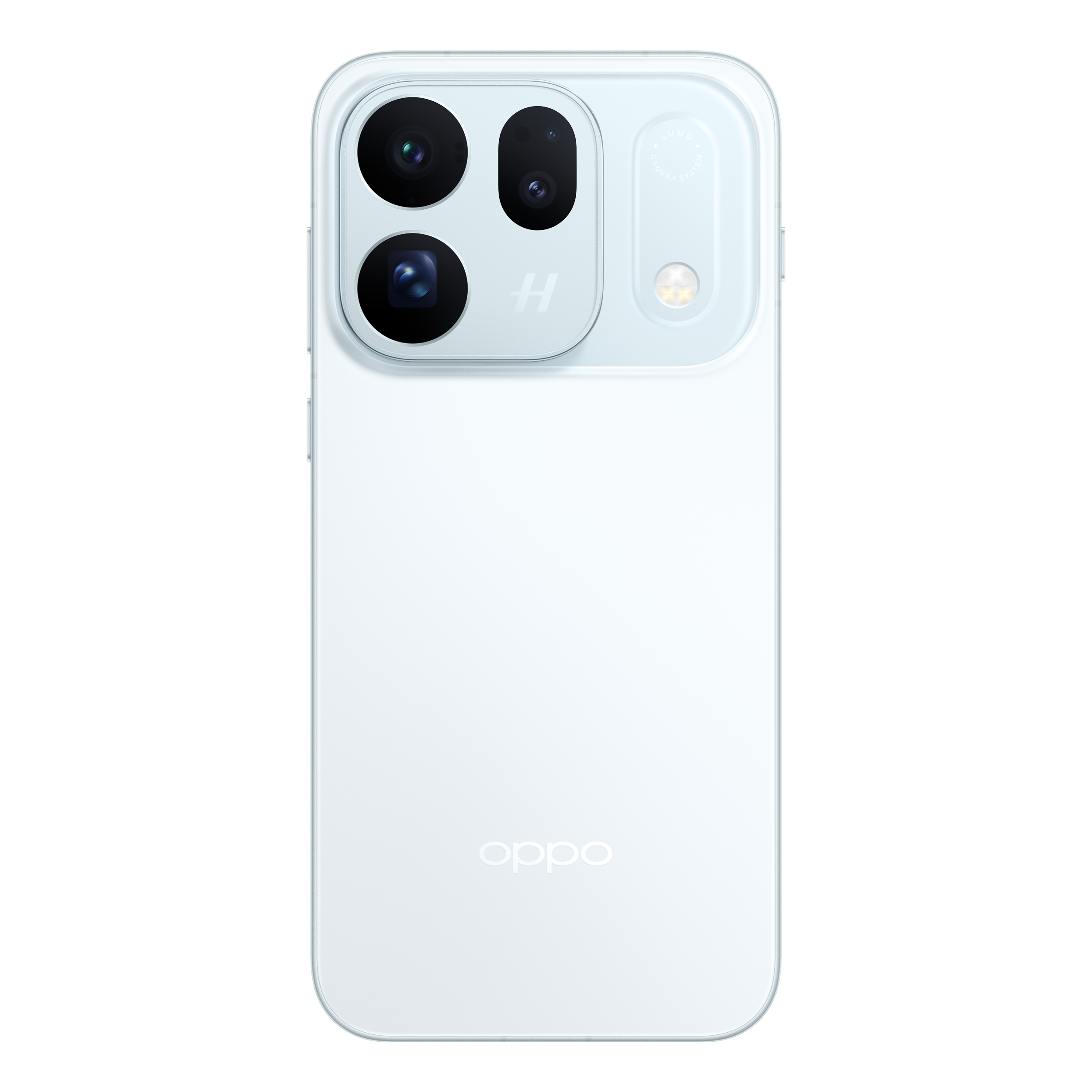 The back of a white Oppo smartphone with a large, rectangular camera module and three lenses.