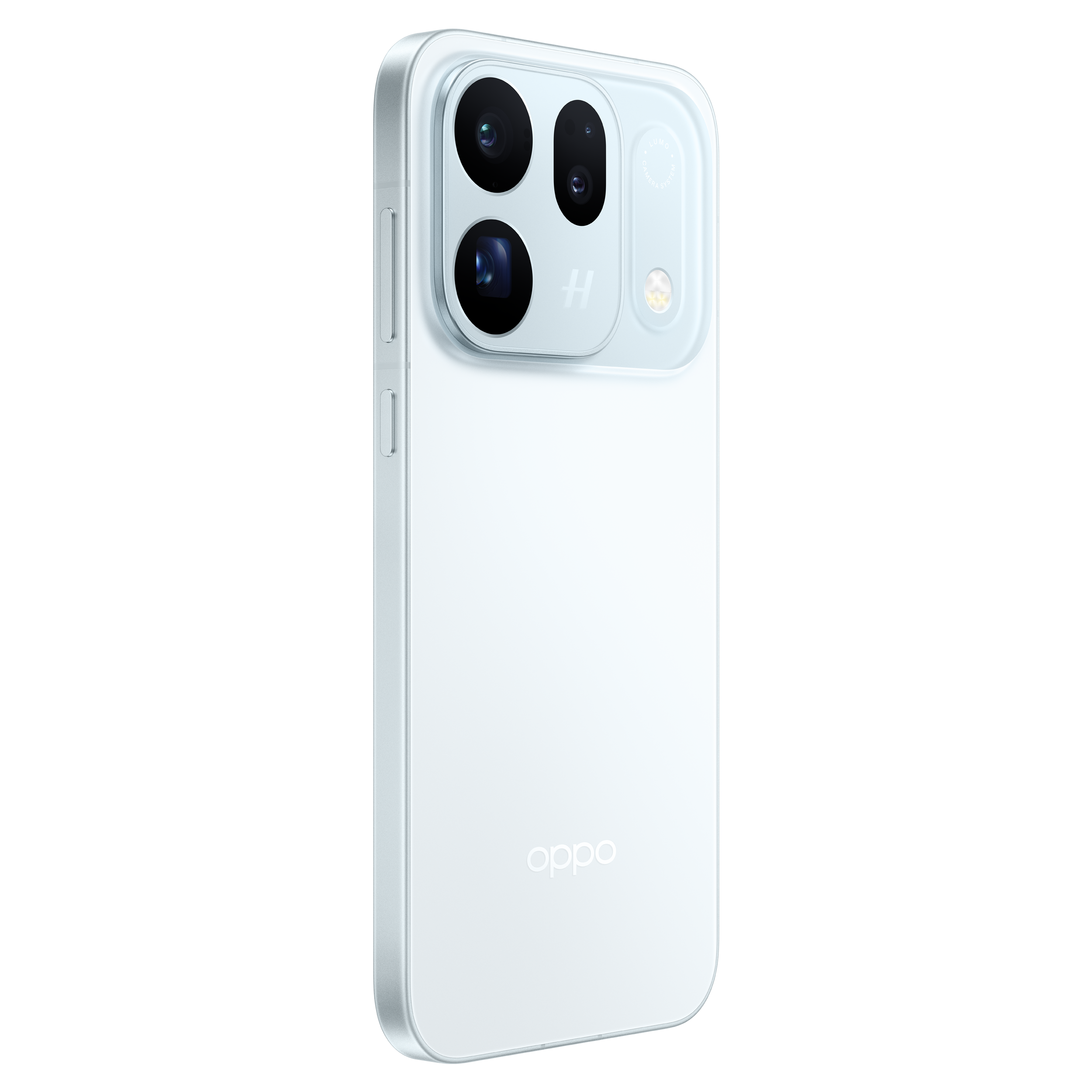 The back of a white Oppo smartphone with a rectangular camera module and Oppo logo against a black background.