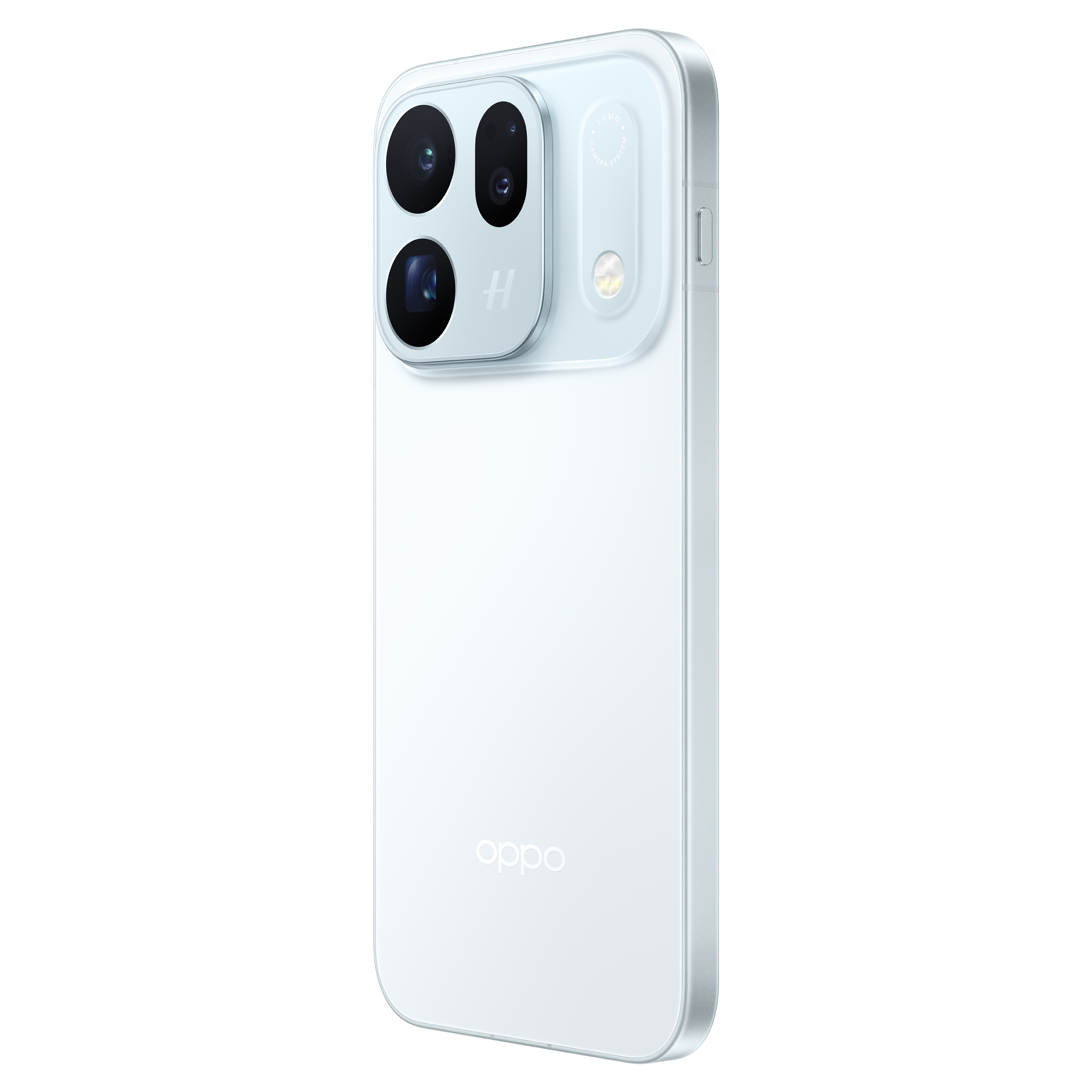 Rear view of a white OPPO smartphone featuring a triple camera module and brand logo against a black background.