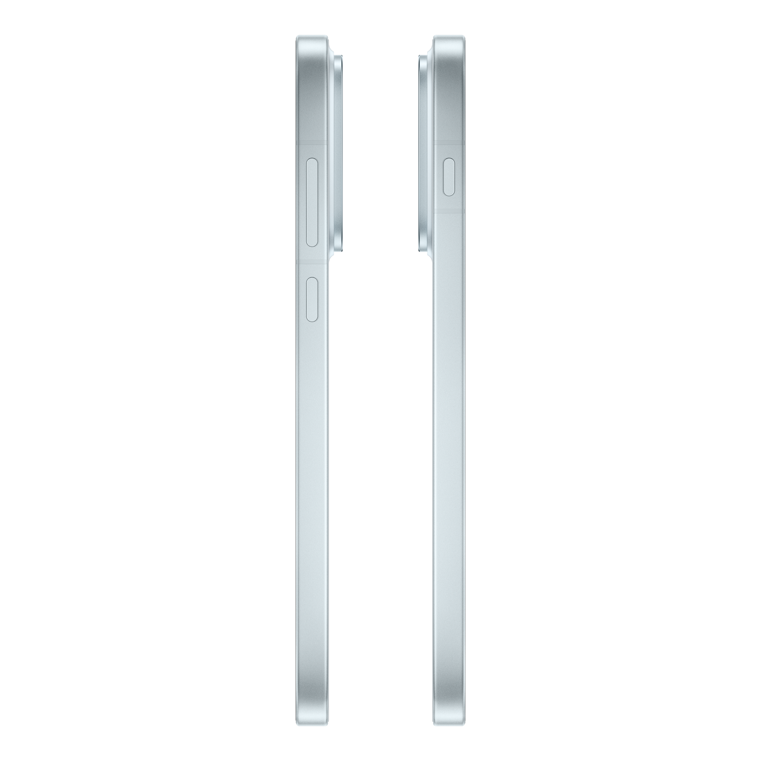 Side view of two silver smartphones with buttons against a black background.
