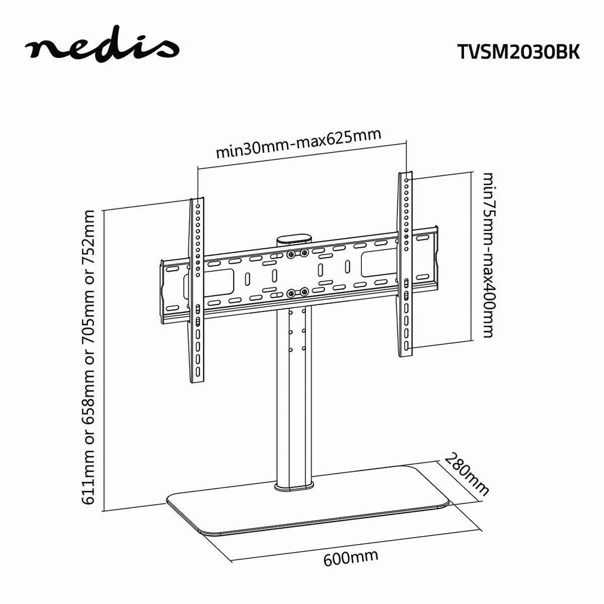 Technische Zeichnung eines Nedis TVSM2030BK TV-Ständers mit Bemaßungen.