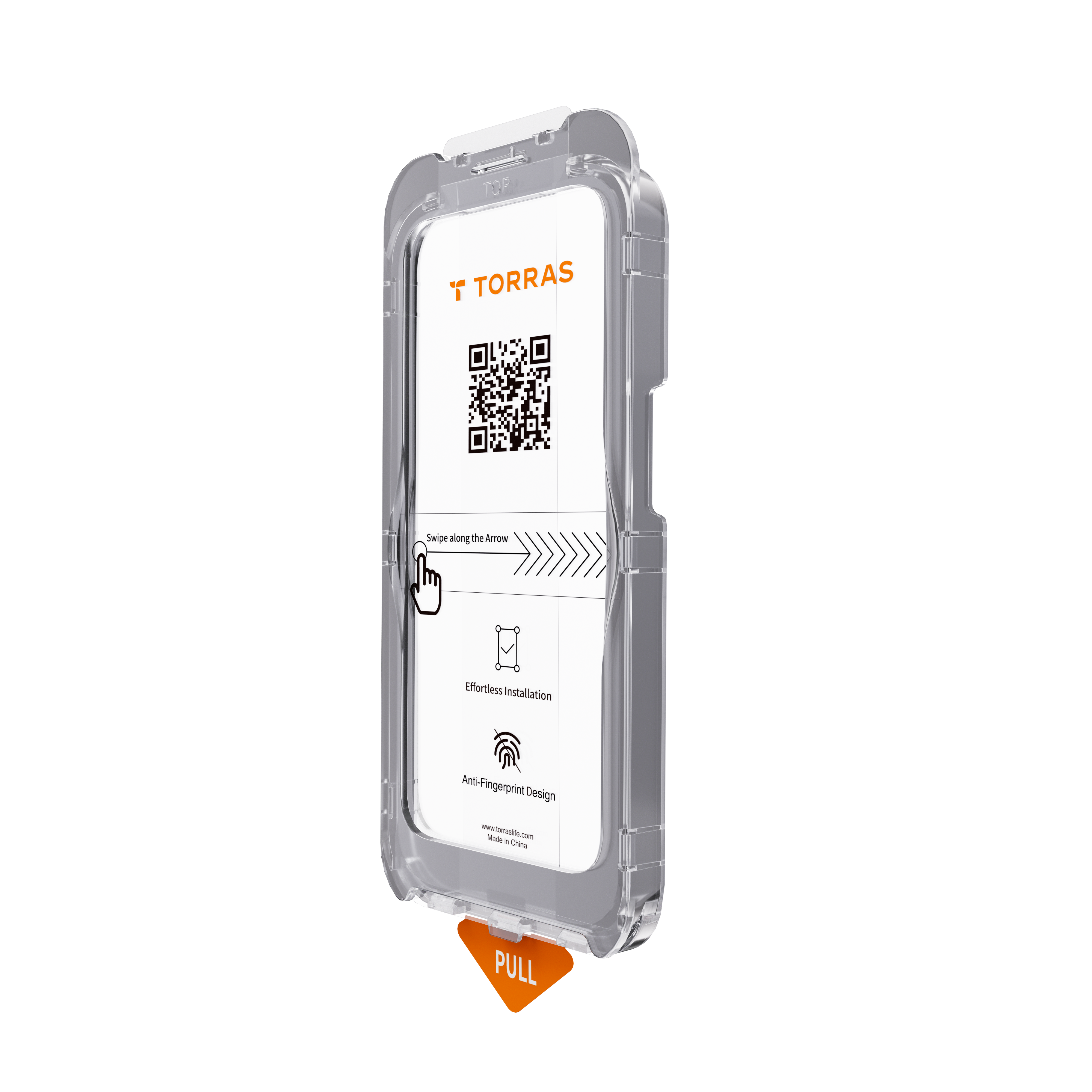 Transparente Handy-Installationshilfe mit QR-Code und orangem "PULL"-Griff unten.