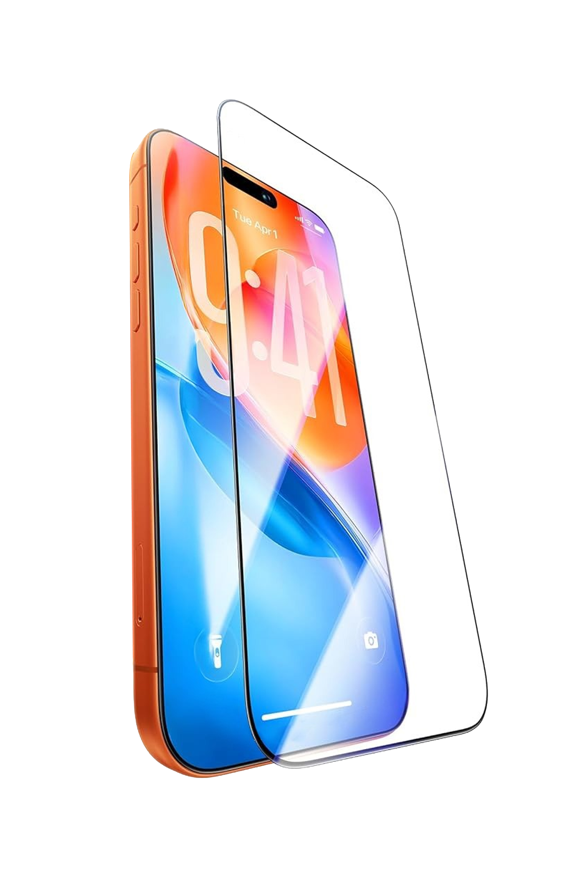 Ein oranges Smartphone mit einem gehärteten Glasschutz, der leicht über dem Bildschirm schwebt.