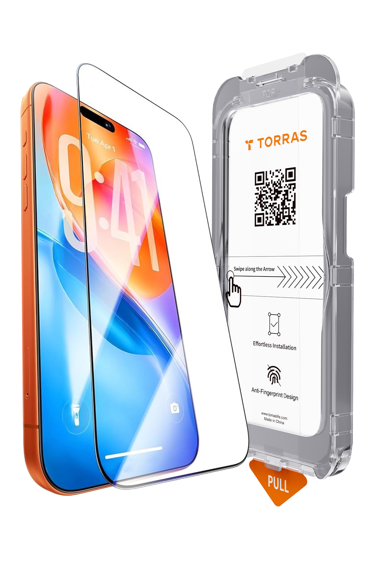 Smartphone neben einer Torras-Displayschutzfolie in einem klaren Installationsrahmen.