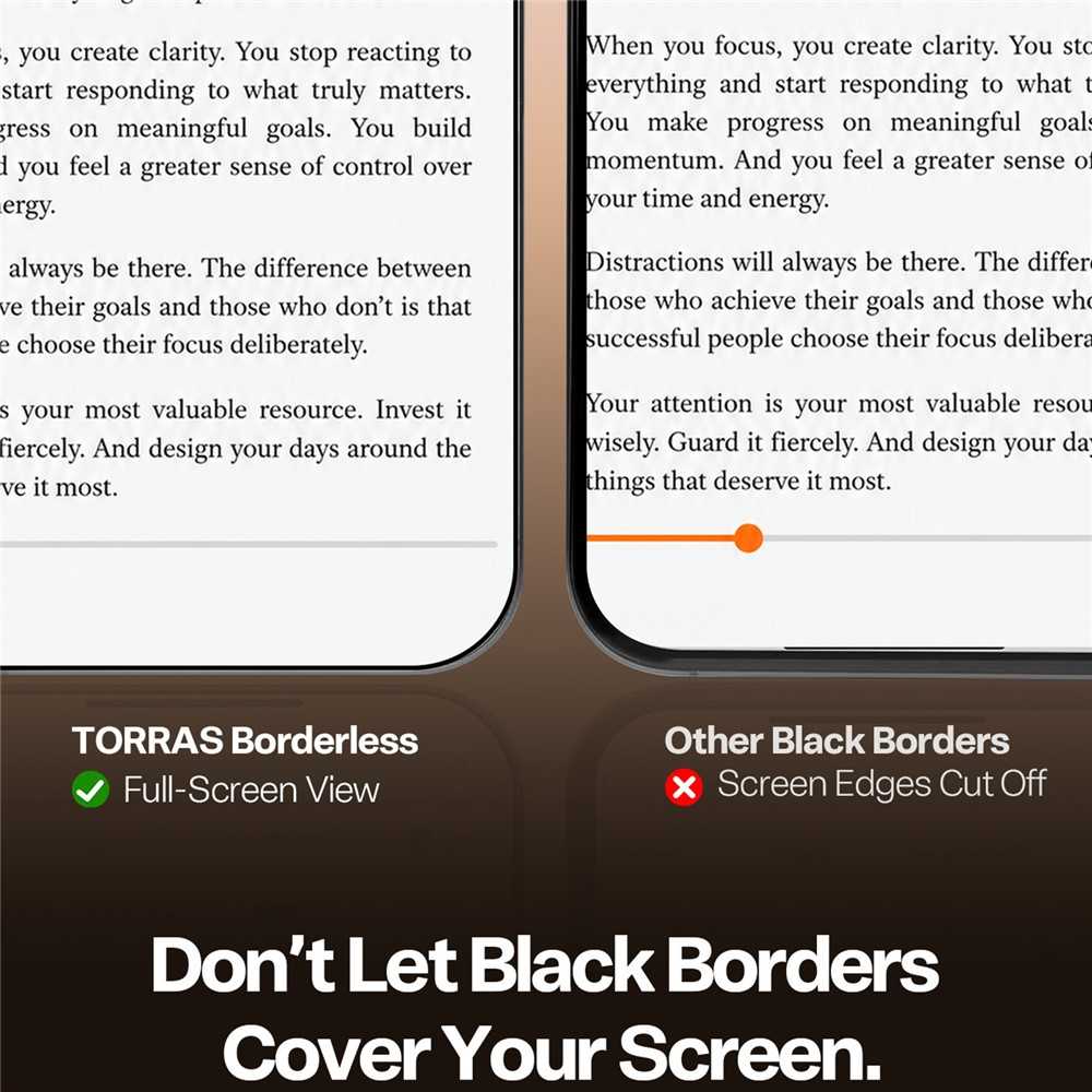 Vergleich zweier Handydisplays: TORRAS Borderless zeigt Vollbild, andere haben schwarze Ränder.
