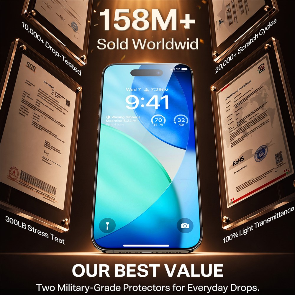 Ein Smartphone mit Zertifikaten und dem Text 158M+ Sold Worldwide.