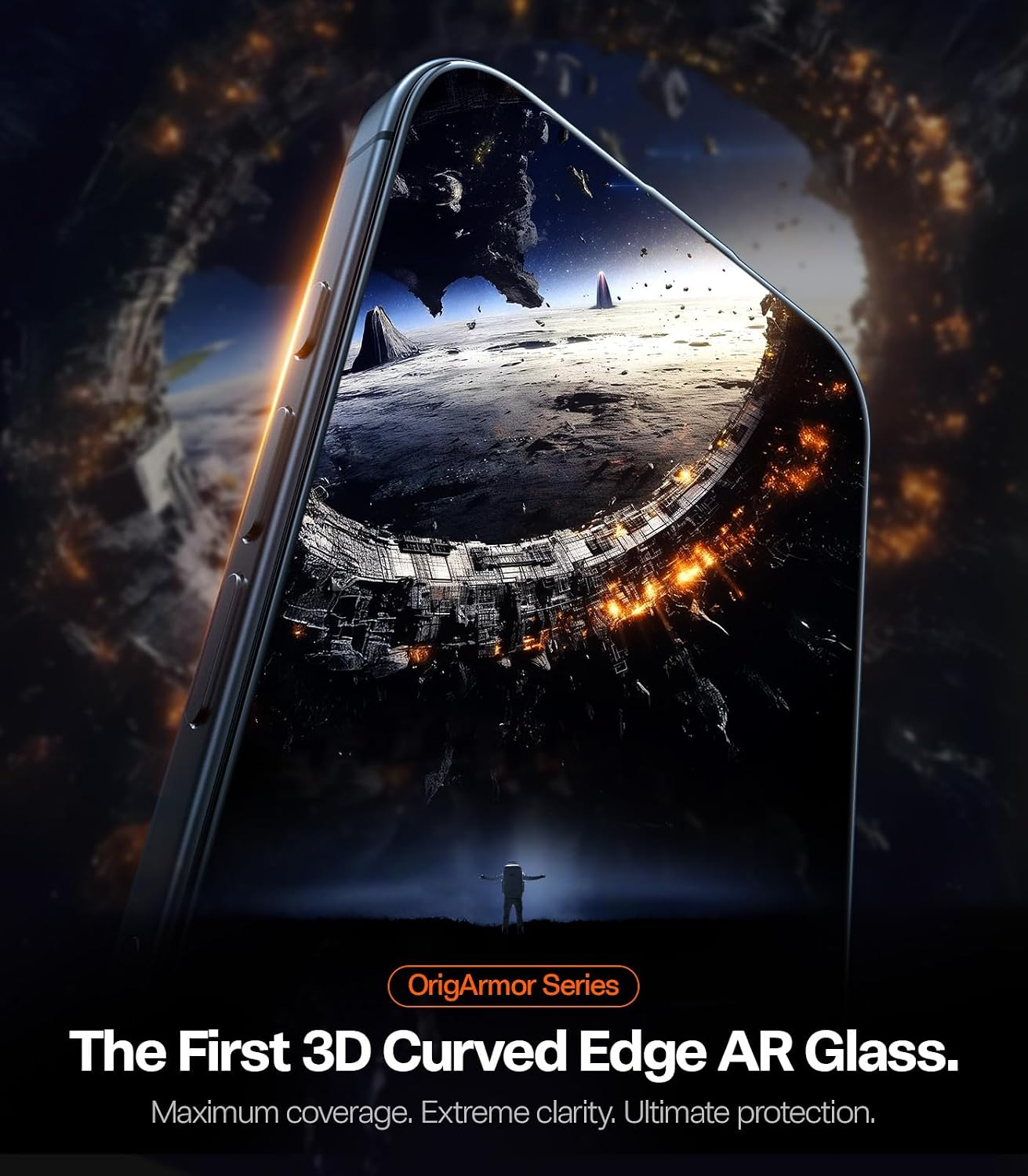 Smartphone zeigt eine futuristische, bogenförmige Raumlandschaft auf dem Display.