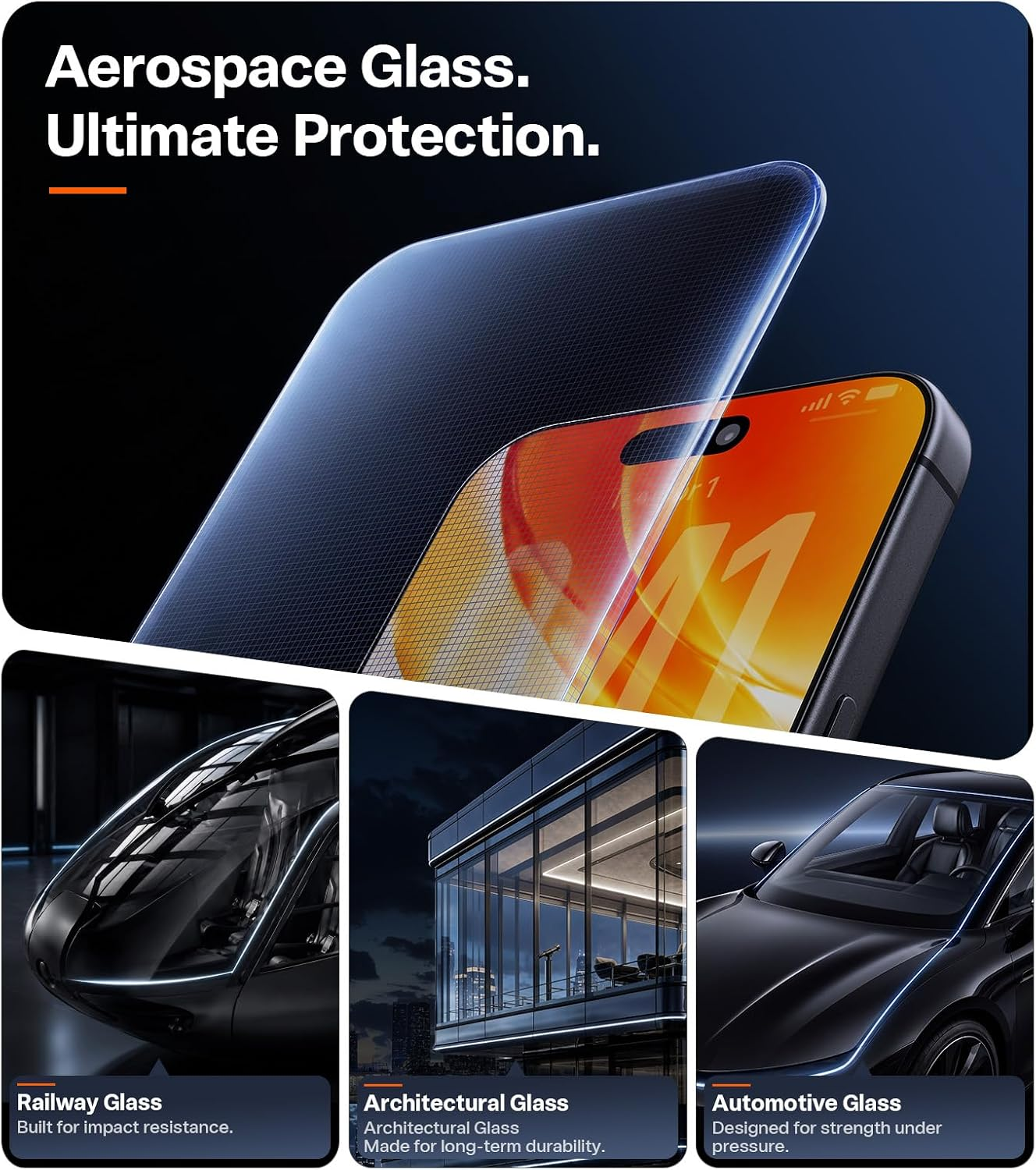 Werbebild für Aerospace Glas zeigt ein Smartphone mit Schutzfolie sowie Zug, Gebäude und Auto als Anwendungsbeispiele.